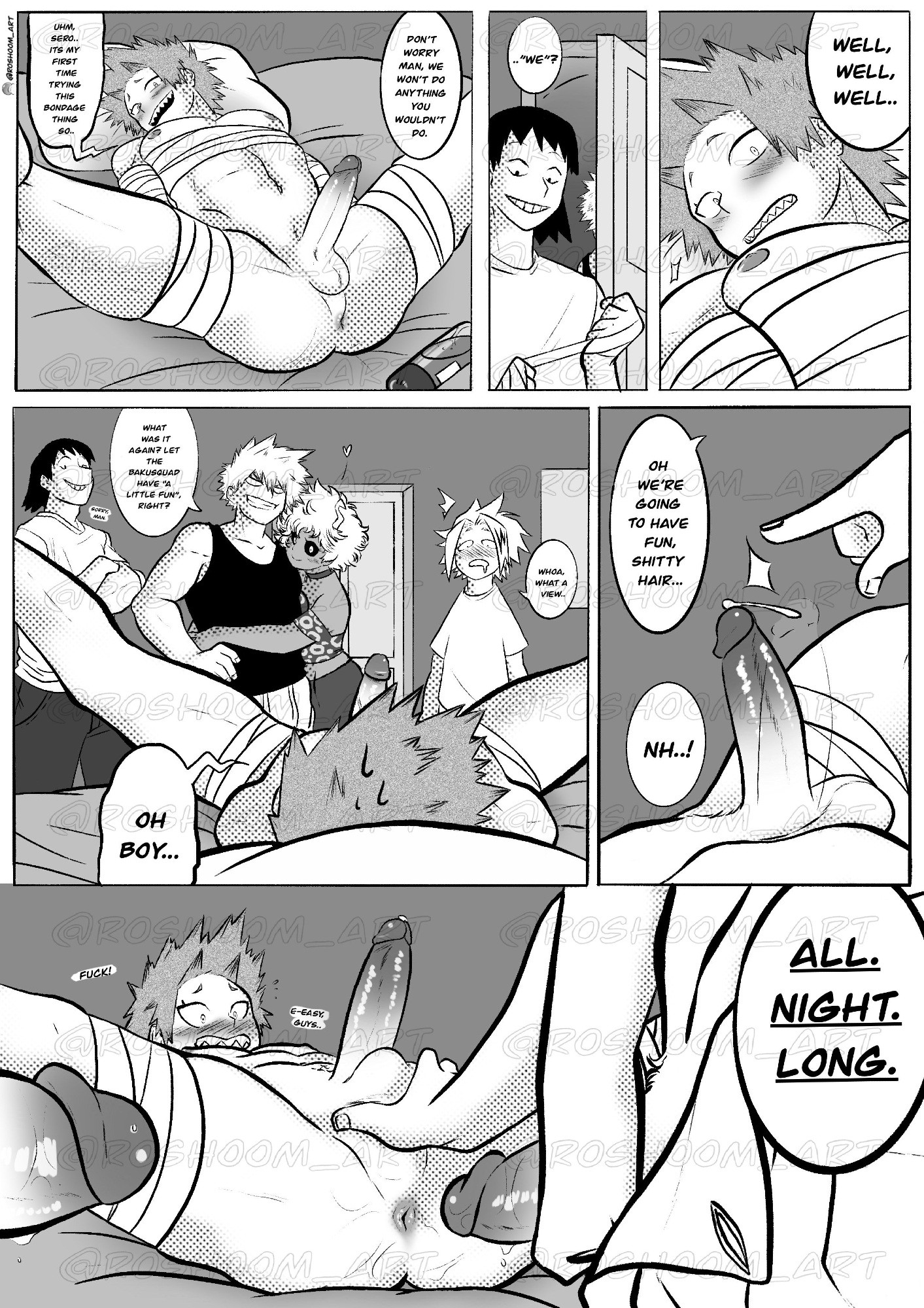 1girls, 4boys, balls, bisexual male, boku no hero academia, bondage, cock, completely nude, completely nude male, denki kaminari, dick, eijirou kirishima, english text, female, gay, genitals, hanta sero, katsuki bakugou, male, mina ashido, multiple boys, my hero academia, nude, nude male, penis, restrained, roshoom, talking, testicles, text, virgin, woman