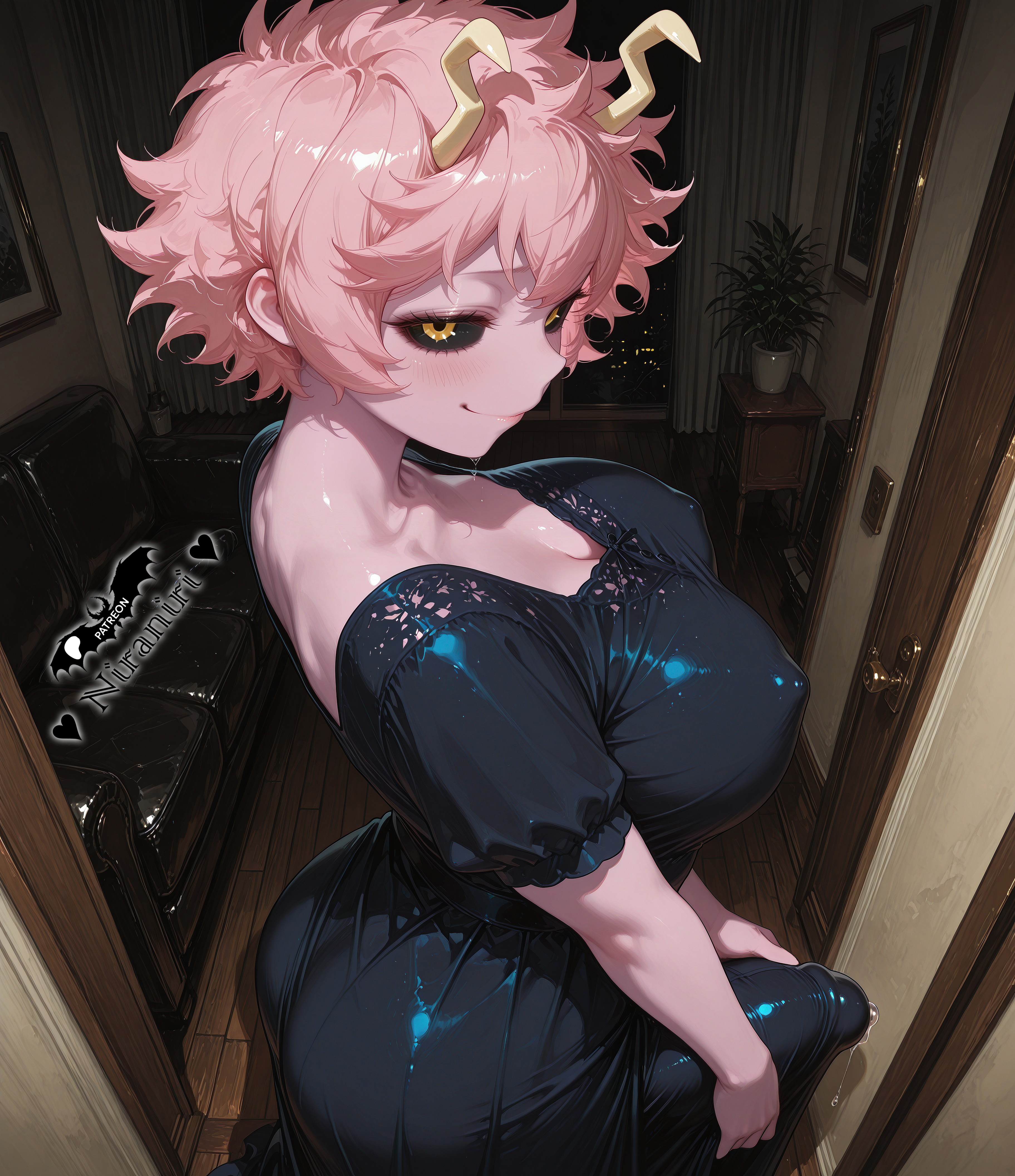 absurd res, absurdres, ai assisted, ai generated, black pupils, black sclera, boku no hero academia, futanari, half erect, horns, large ass, large breasts, mina ashido, my hero academia, night, night dress, nighttime, niraniri, pink hair, pink skin, yellow eyes