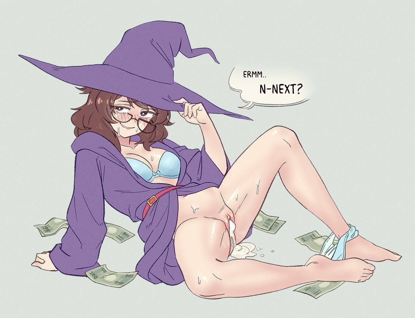 arm support, banknote, belt, blue bra, blue panties, blush, bottomless, bow, bow bra, bra, breasts, brown hair, collarbone, cum, cum in pussy, cum pool, cumdrip, dollar bill, english commentary, english text, glasses, groin tendon, hat, lewdismug, looking at another, medium hair, money, naughty face, original, panties, panties around one ankle, realda (vibrantrida), small breasts, smile, speech bubble, spread legs, sweat, underwear, vibrantrida, witch hat