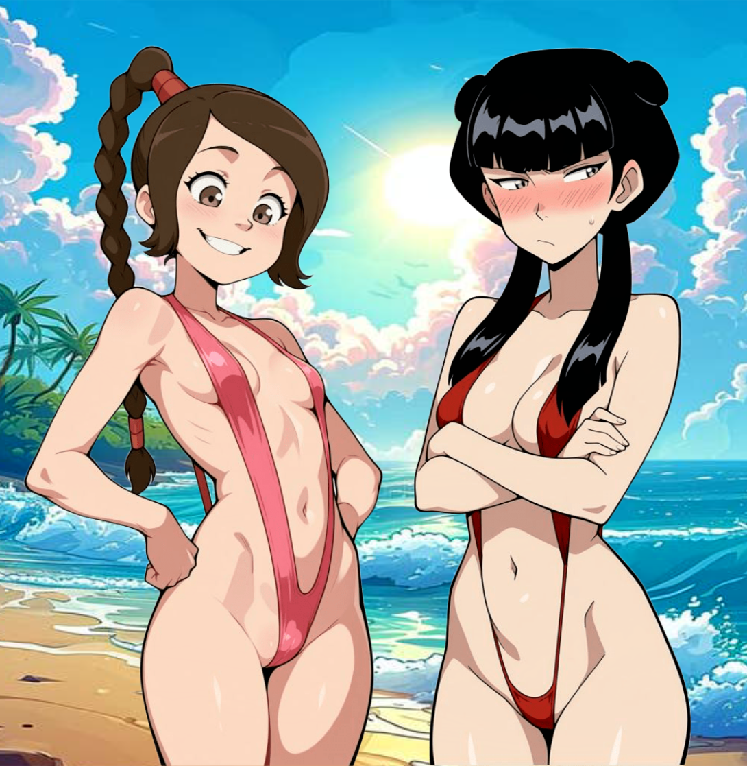 2girls, ai generated, arms crossed, avatar the last airbender, beach, black hair, blush, braid, braided ponytail, brown hair, cameltoe, double bun, female, female only, goth, goth girl, gothic, hairbun, hand on hip, looking at viewer, looking away, mai (avatar), multiple girls, navel, nickelodeon, noblewoman, ocean, palm tree, sling bikini, slingshot bikini, slingshot swimsuit, small breasts, smile, ty lee, water, wave, younger female