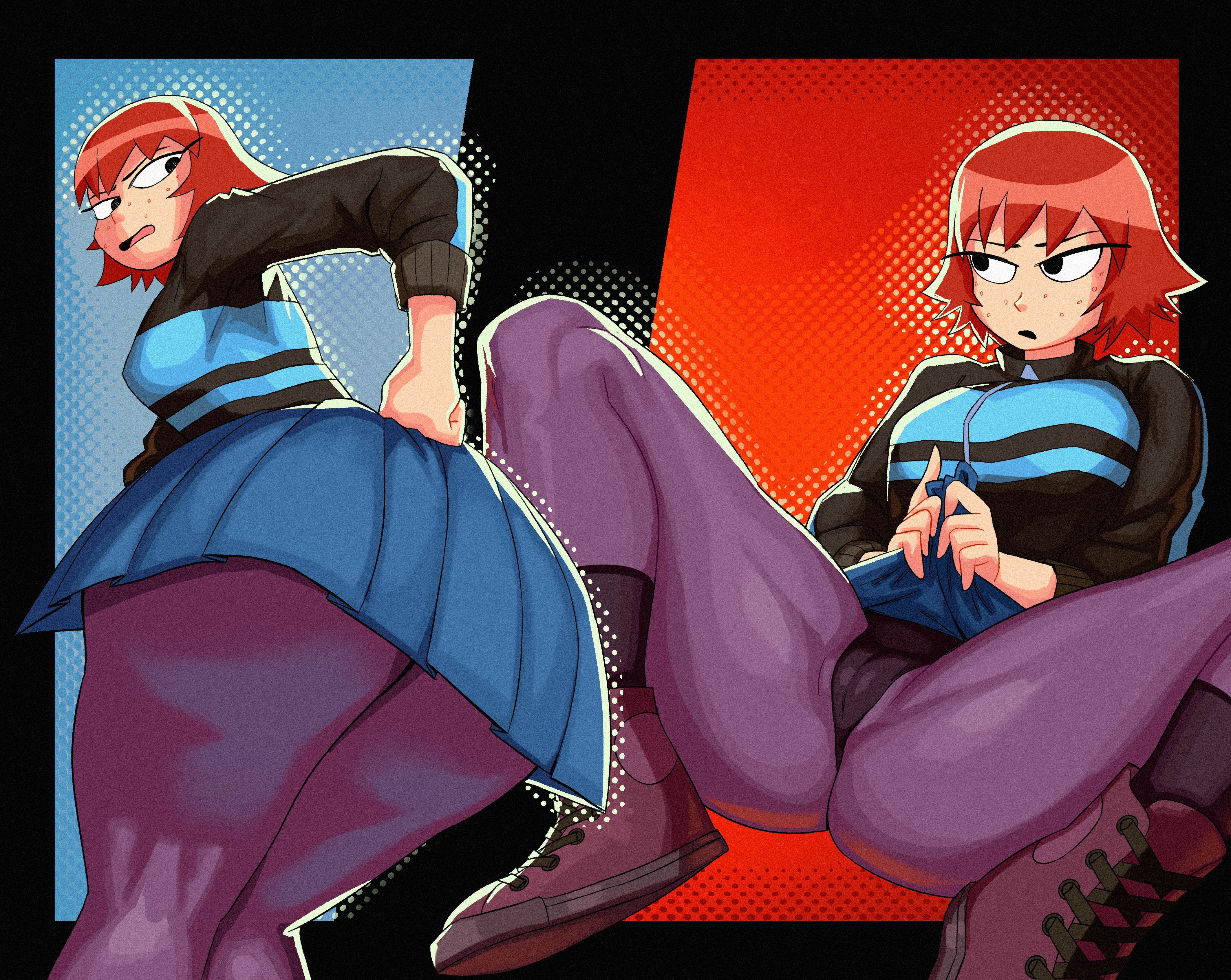 1girls, ass, ass focus, auburn hair, back, back view, backboob, big ass, big breasts, black eyes, black panties, black thighhighs, blue skirt, bottomwear, breasts, female, female only, footwear, freckles, freckles on face, hand on hip, huge ass, jacket, kim pine, kryptid, leggings, legwear, looking back, panties, pantyshot, red hair, scott pilgrim, shoes, short hair, skirt, skirt lift, solo, solo female, thick thighs, thighs, topwear