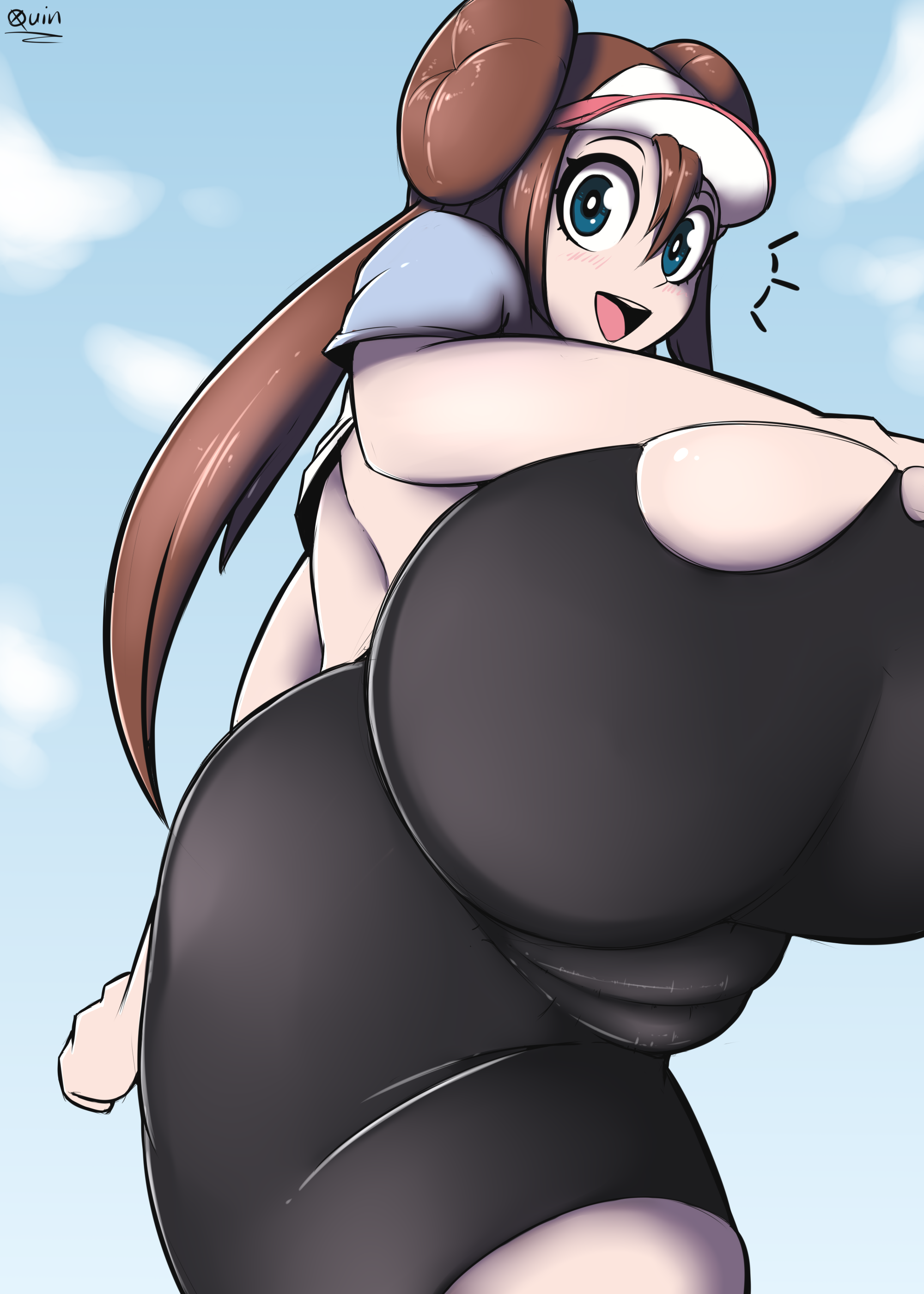 1girls, ass, big ass, blue eyes, bottom heavy, brown hair, cameltoe, double bun, eye contact, female, hat, large ass, light skin, light-skinned female, looking at viewer, looking down, nintendo, pale skin, pale-skinned female, pokemon, pokemon bw, pokemon bw2, pussy, quin-nsfw, ripped shorts, rosa (pokemon), shorts, spandex, thick ass, tight clothing, tight shorts, twintails