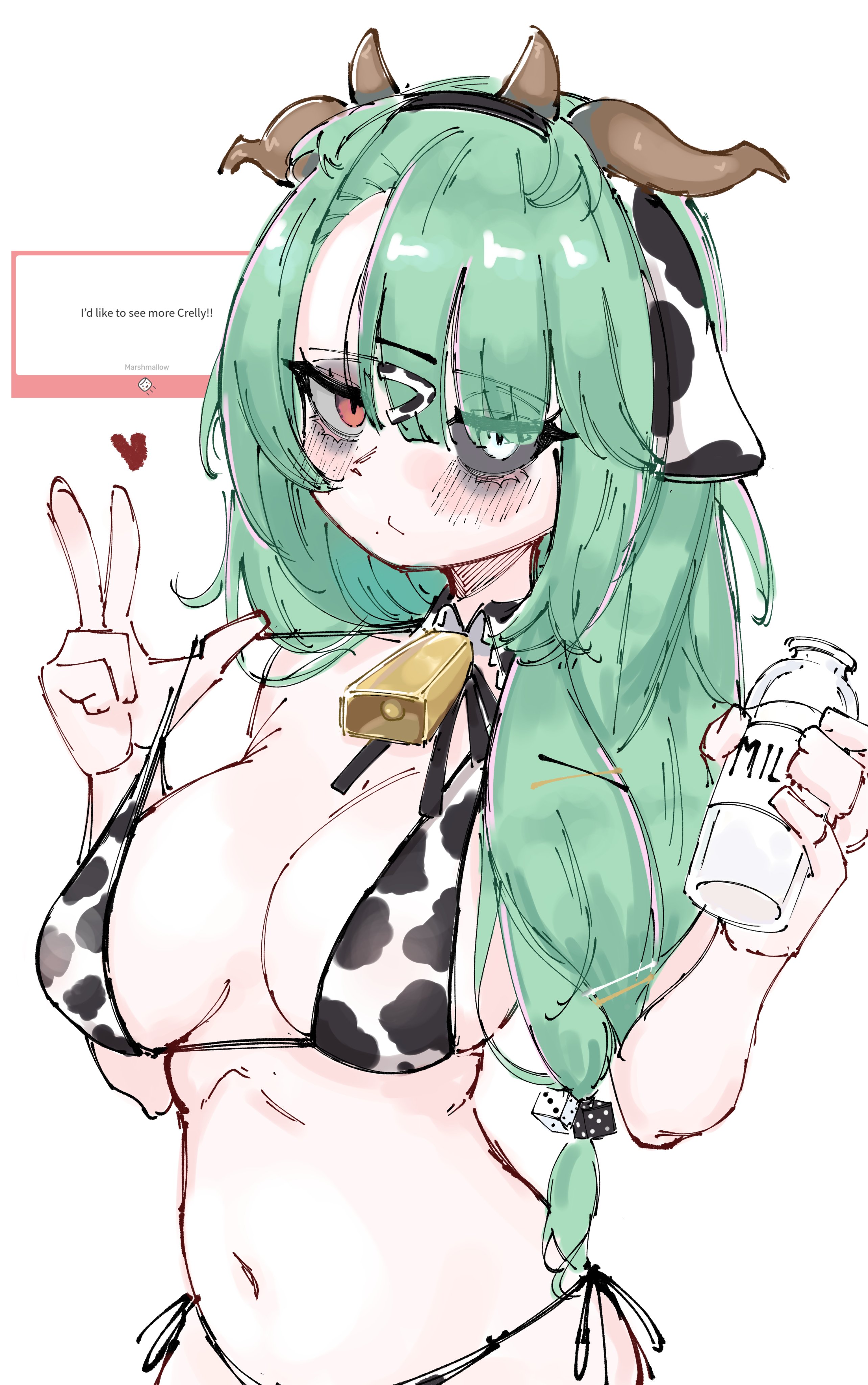 1girls, absurdres, animal ears, animal print, bell, bikini, bottle, breasts, cleavage, colored sclera, cow ears, cow girl, cow horns, cow print, cow print bikini, cowbell, crelly, female, froq, green hair, grey eyes, grey sclera, heterochromia, highres, horns, indie virtual youtuber, medium breasts, milk bottle, milking, print bikini, red eyes, swimsuit, tits, tummy, udders, v, virtual youtuber, vtuber, white background