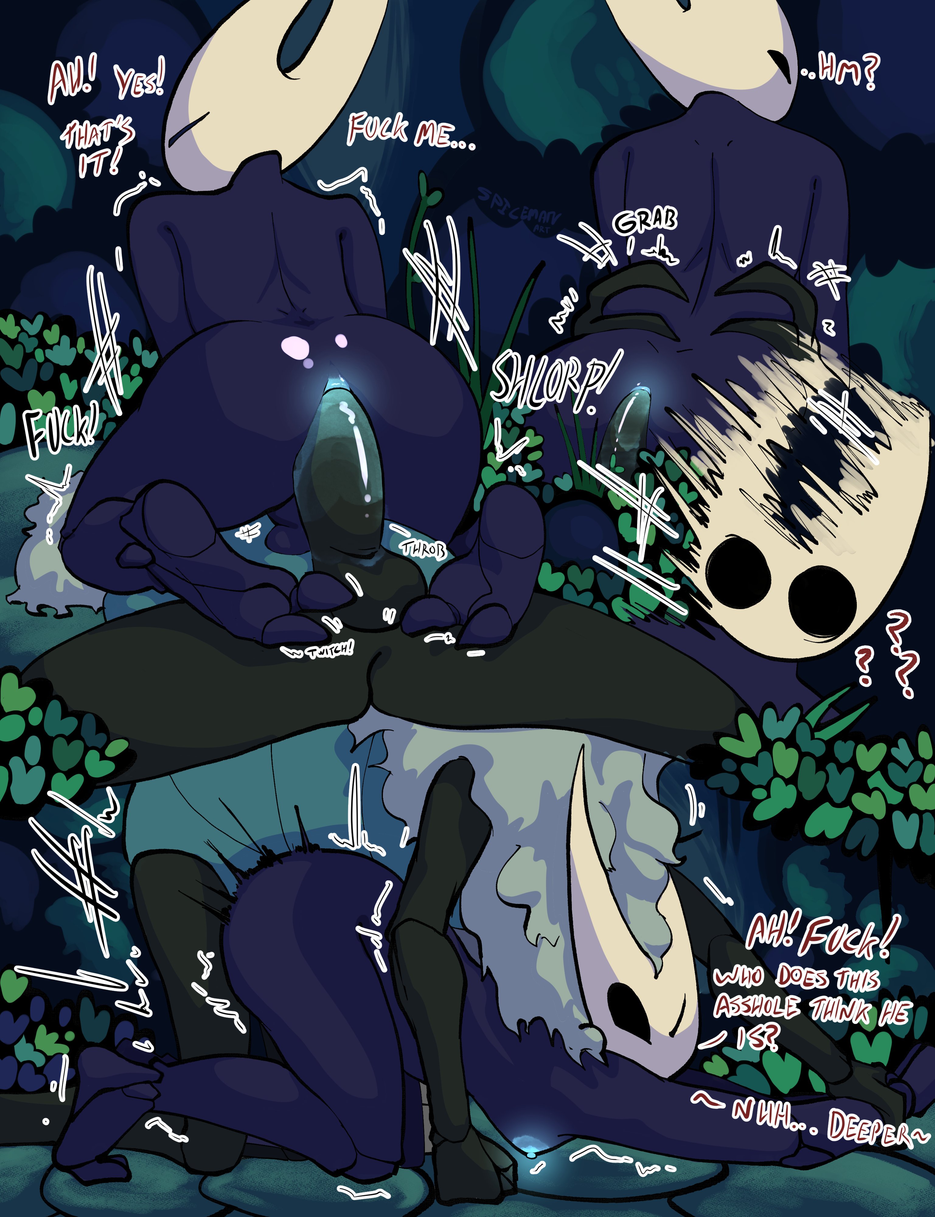 1boy, 1futa, anal, anal sex, anthro, anus, balls, comic, comic page, futanari, futasub, glowing, glowing genitalia, hollow knight, hollow knight: silksong, hornet (hollow knight), male, male on futa, moss knight (hollow knight), penis, sex, spicemanart, text