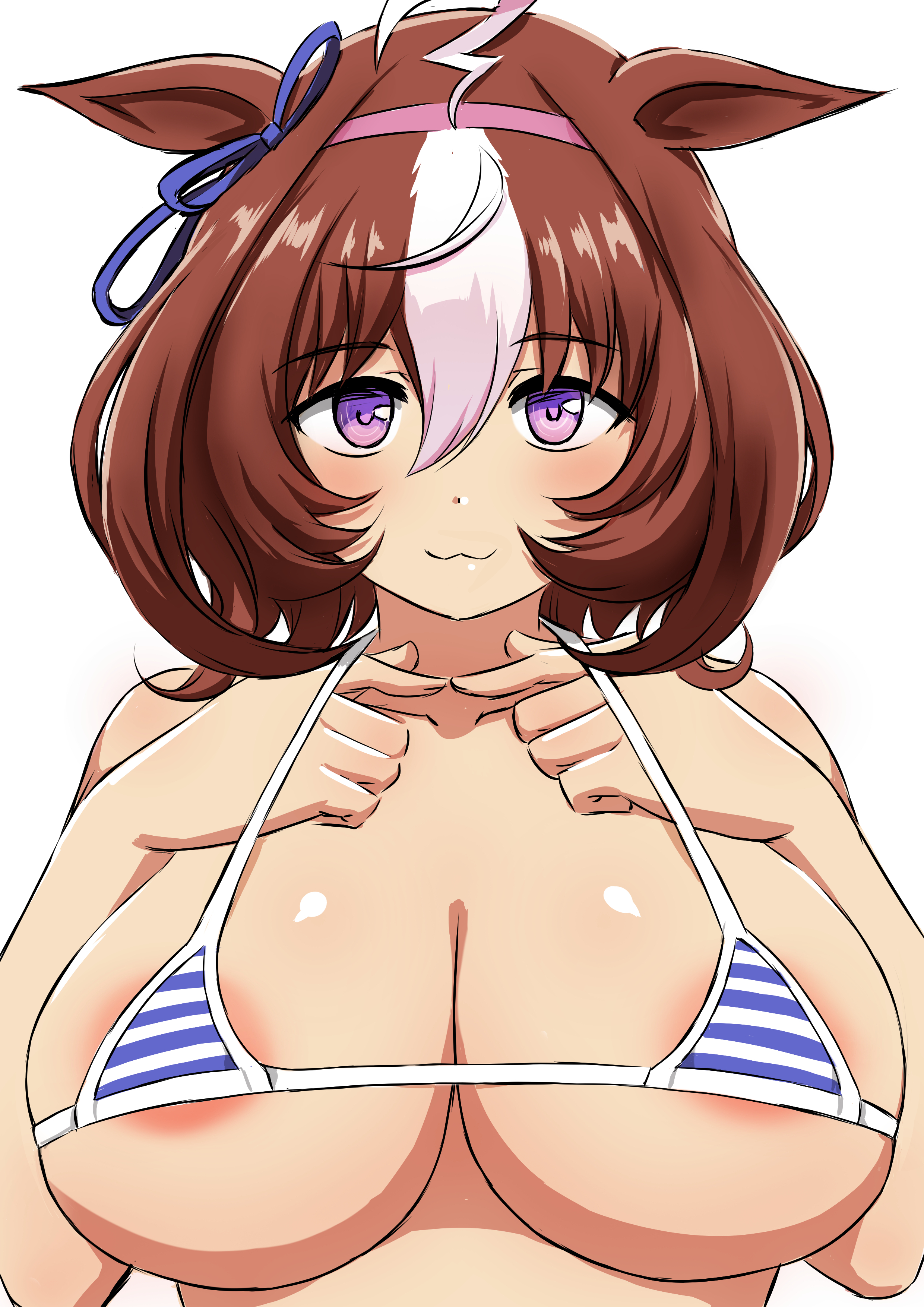 :3, 1girls, big breasts, bikini top, box wonderland, breasts, brown hair, cygames, female, female only, horse girl, light skin, light-skinned female, meisho doto (umamusume), purple eyes, short hair, solo, umamusume, umamusume pretty derby