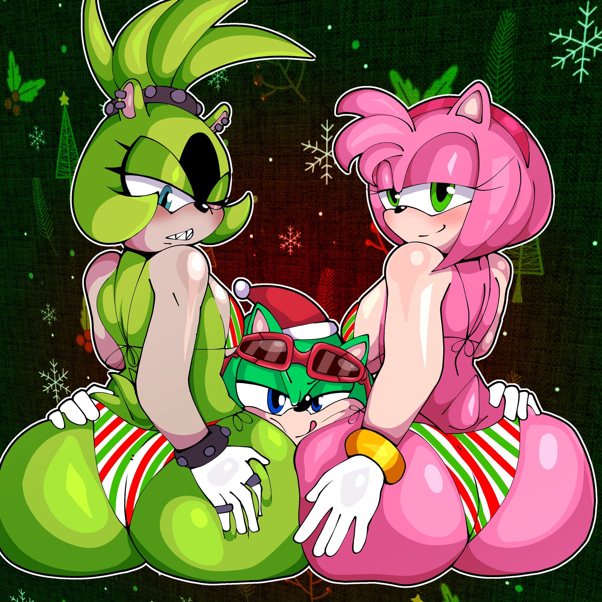 1boy, 2girls, amy rose, animal ears, anthro, ass, ass to ass, ass-to-ass, between ass, between buttocks, between thighs, big ass, big breasts, big butt, bikini, black nose, blue body, blue eyes, blue fur, blue hair, blue skin, blush, breasts, christmas, christmas bikini, christmas clothing, christmas decorations, christmas hat, curvy, curvy body, curvy female, derocrossh, earrings, eyelashes, facial markings, female, fur, furry, gloves, green body, green eyes, green fur, green hair, green skin, hands on ass, hands on butt, headwear, hedgehog, idw comics, idw publishing, looking at viewer, male, mammal, narrowed eyes, one eye closed, pink body, pink fur, pink hair, pink skin, ponytail, santa hat, scourge the hedgehog, scourgeedits, sega, sharp teeth, short hair, sitting, smile, sonic (series), sonic the hedgehog (comics), sonic the hedgehog (idw), sonic the hedgehog (series), surge the tenrec, tail, tenrec, third-party edit, video games