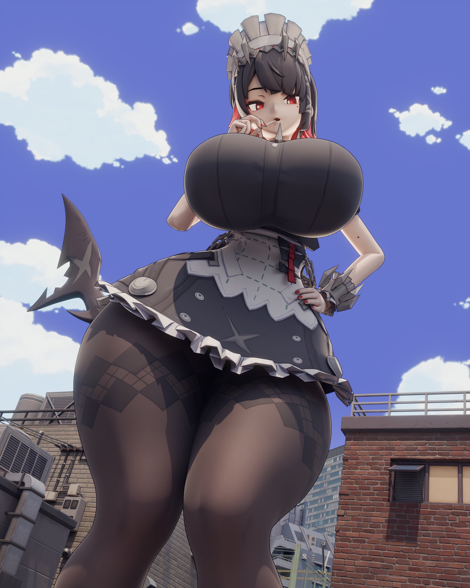 1girls, 3d, 3d (artwork), big breasts, breasts, busty, busty female, clothed, clothed female, colored nails, decodec, ellen joe, extreme size difference, female, female focus, female only, giantess, human, human female, large boobs, large breasts, maid, maid apron, maid dress, maid headdress, maid outfit, maid uniform, multiple females, multiple girls, painted nails, shark girl, sharkgirl, size difference, thick thighs, thighs, video game character, zenless zone zero