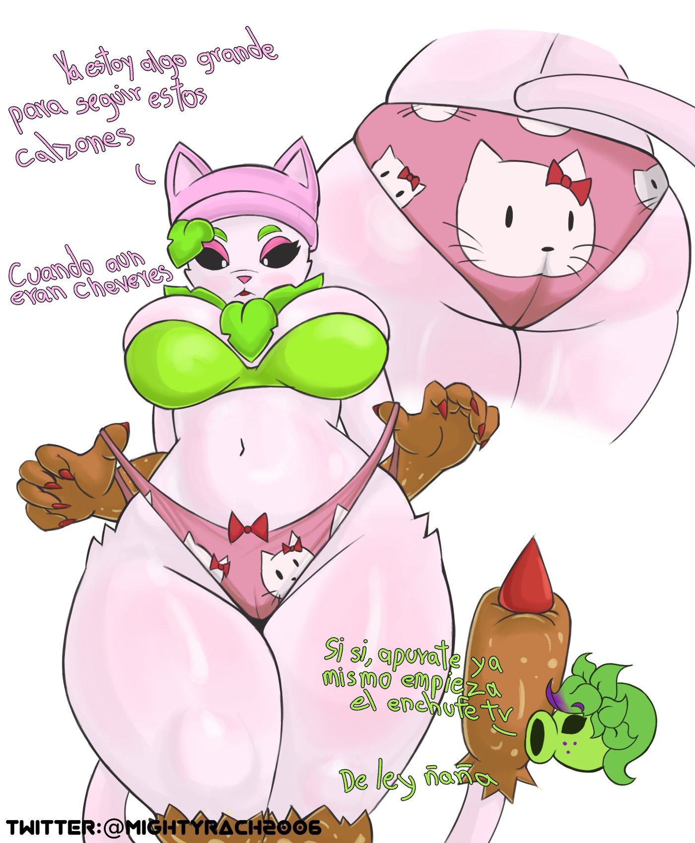 1girls, anthro, anthrofied, ass, breasts, cameltoe, cattail (pvz), female, flora fauna, hello kitty (character), hello kitty (series), hello kitty panties, mighty dx, peashooter (pvz), plant, plant girl, plant humanoid, plantie, plants vs zombies, plants vs. zombies, popcap games, pussy, spanish text, translation request