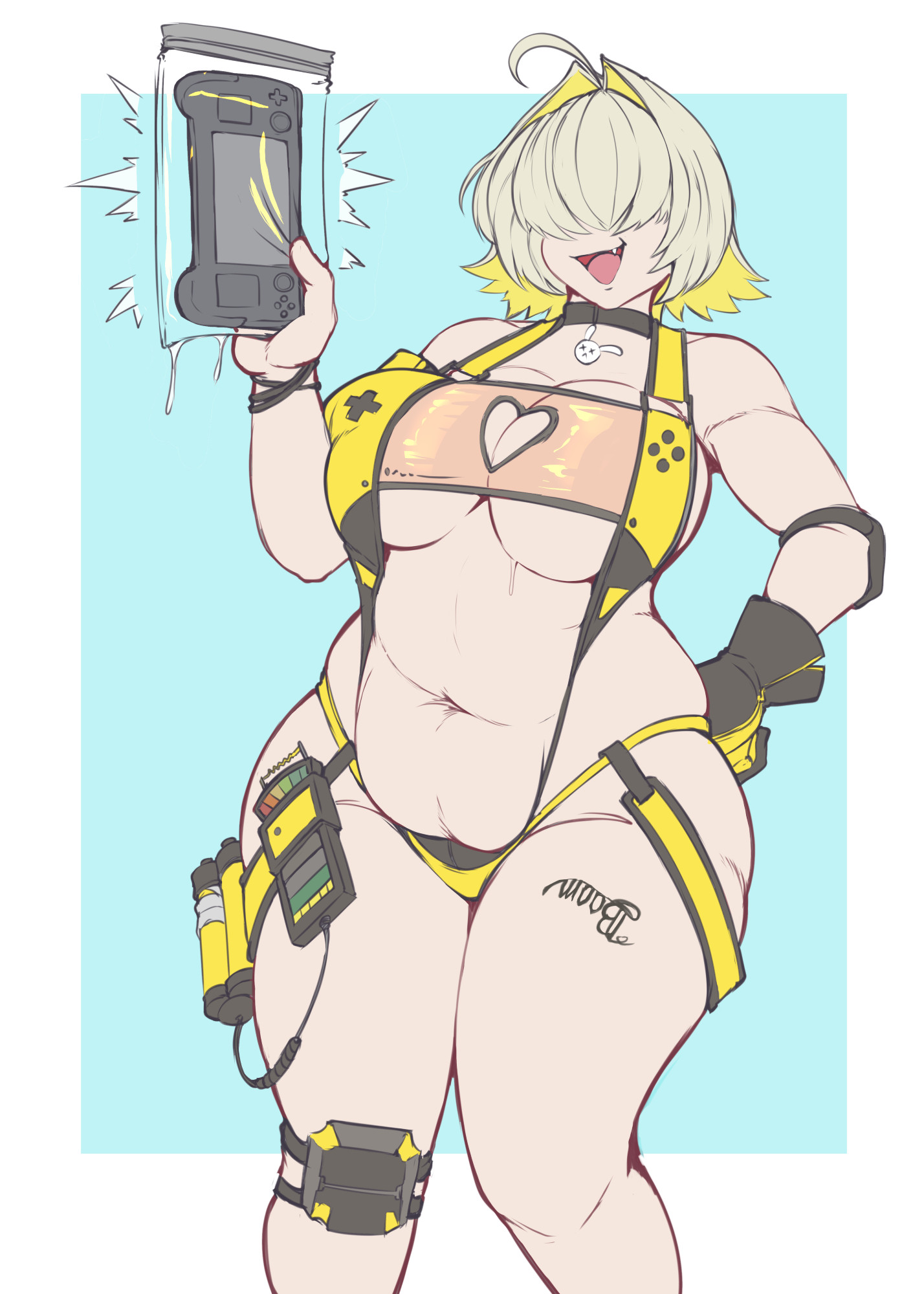 1girls, ahoge, bangs, bangs over eyes, bbw, big belly, bikini, blonde hair, choker, chubby, chubby female, covered eyes, cute fang, elegg (boom and shock) (nikke), elegg (nikke), fat, female, female only, gloves, goddess of victory: nikke, hair intakes, hair over eyes, huge breasts, kittenboogers, pale skin, pale-skinned female, sagging belly, sling bikini, steam deck, swimsuit, swimwear, thick thighs, underboob, wide hips