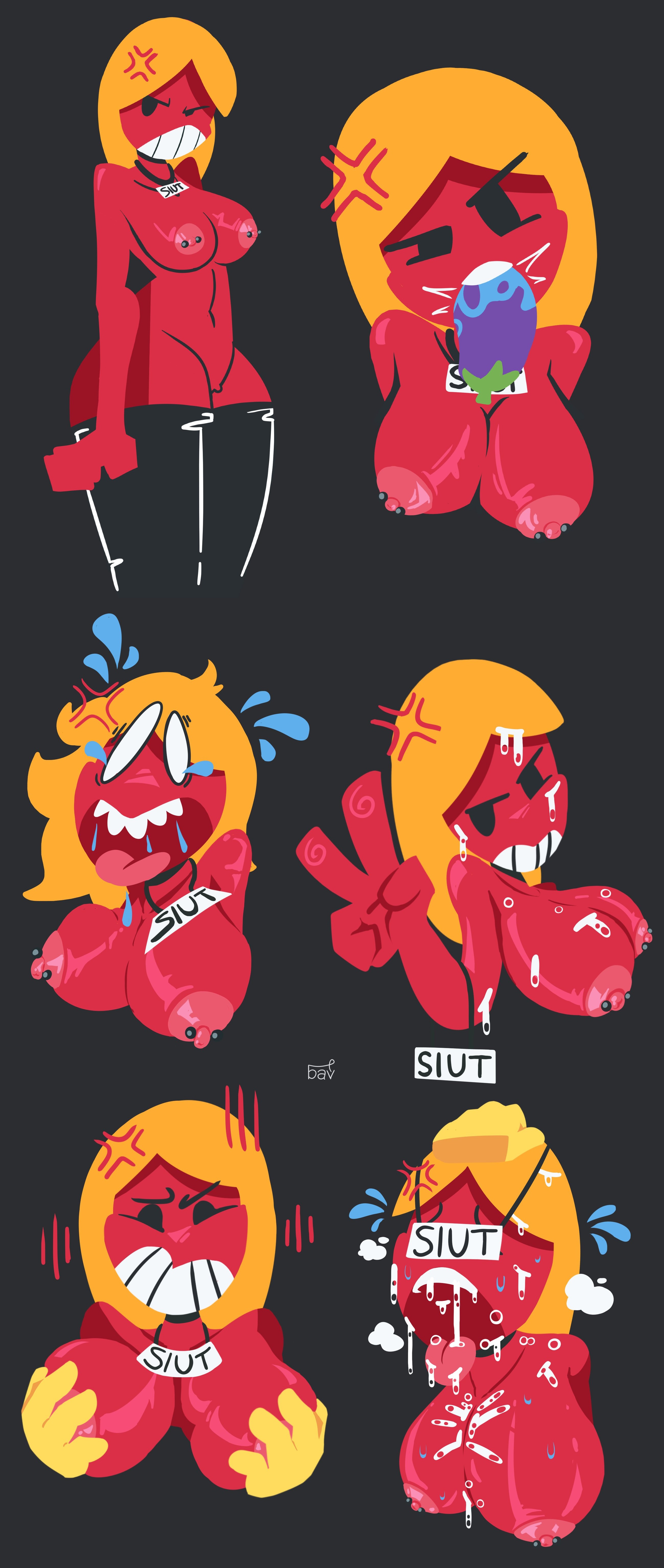 algob4v, angry, angry expression, angry face, bav, big breasts, big penis, blindfold, blonde female, blonde hair, collar, cum, cum in mouth, cum on body, cum on breasts, eggplant, eggplant emoji, emoji, emoji (race), forced, groping, groping breasts, hand on head, leggings, nipple piercing, oc, red skin, slut collar, steaming body, sweat, sweating, waist not visible