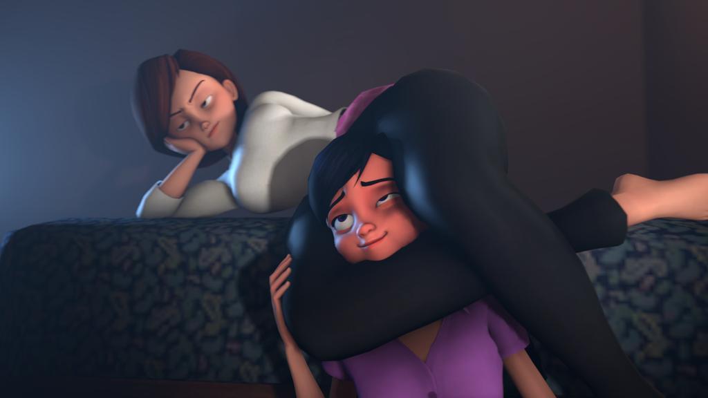 2girls, 3d, blueaurora3, bored, clothing, disney, female, female only, head between thighs, headscissor, helen parr, milf, mother and daughter, multiple females, multiple girls, pixar, smooth skin, source filmmaker, the incredibles, thick thighs, violet parr, yoga pants