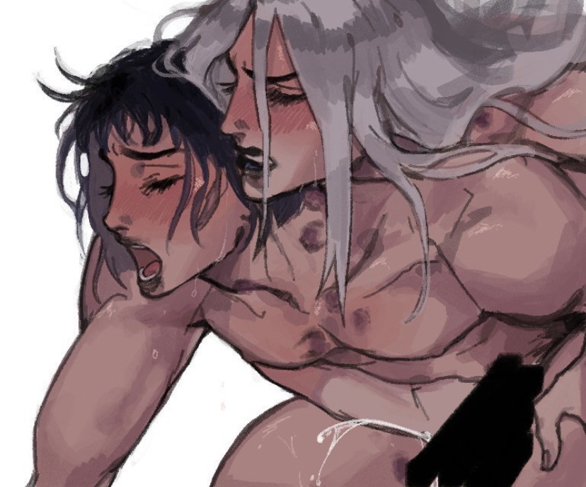 2boys anal anal_sex black_hair blush bruno_buccellati censored closed_eyes cum doggy_style ejaculation ejaculation_while_penetrated gay human human_only jojo's_bizarre_adventure leone_abbacchio lipstick lipstick_mark lipstick_smear long_hair long_hair_male looking_pleasured mafia male_moaning male_only male_penetrated male_penetrating male_penetrating_male nude nude_male open_mouth orgasm reach_around sex sweat sweatdrop unknown_artist vento_aureo white_background white_hair yaoi