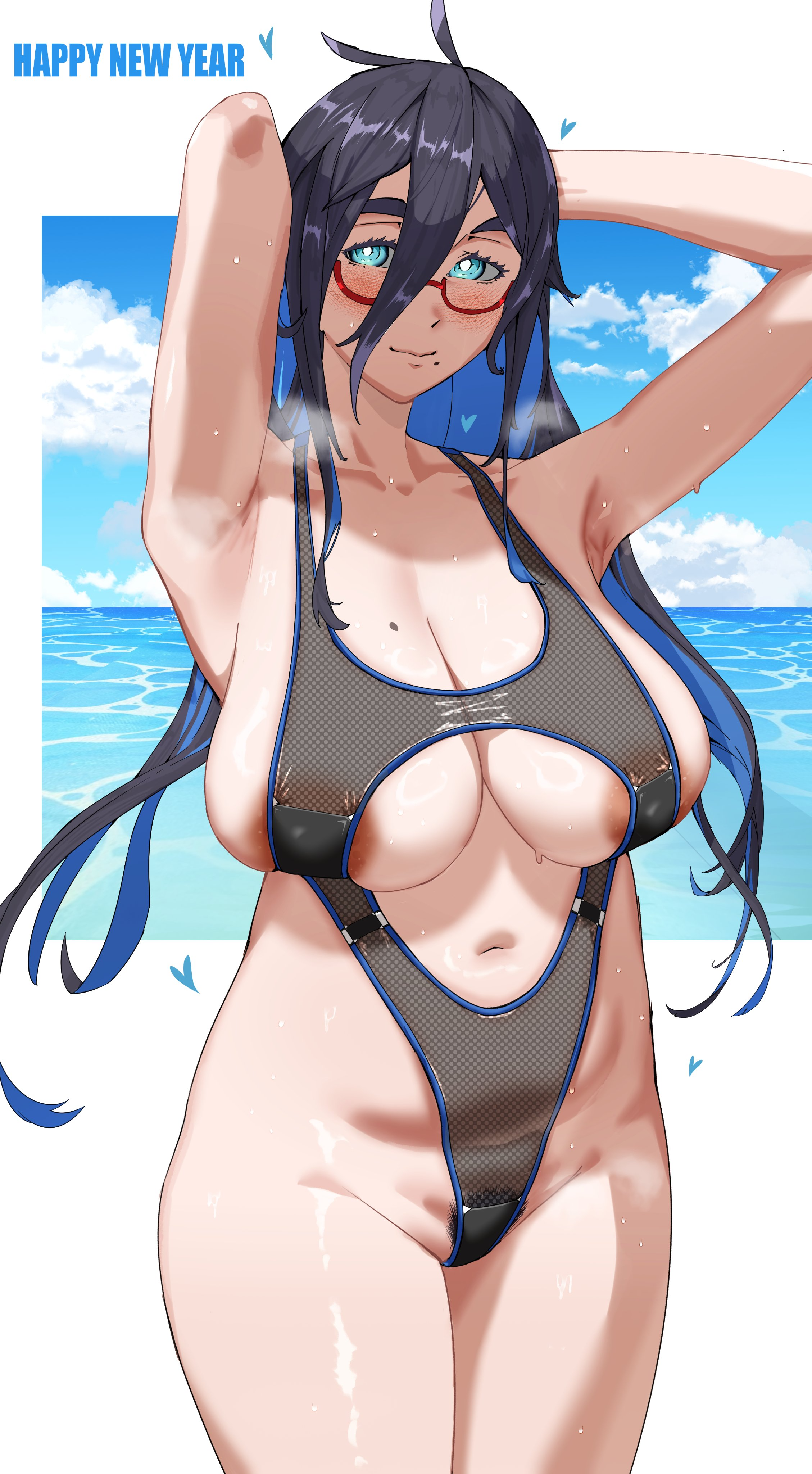1girls, armpits, arms up, black hair, blue eyes, blue hair, blush, blush lines, boob squish, boob window, breasts, english, english text, female, female focus, female only, fishnet swimsuit, fishnets, glasses, heart, heart symbol, large breasts, looking at viewer, mole on breast, nipple slip, one-piece swimsuit, pubes, pubes exposed, pubic hair, sideboob, solo, squished breasts, steam, steaming body, sweat, sweatdrop, sweating, sweaty, swimsuit, text, thetotoling (artist), tummy, tummy fold, two-tone hair, underboob, useless clothing, very long hair