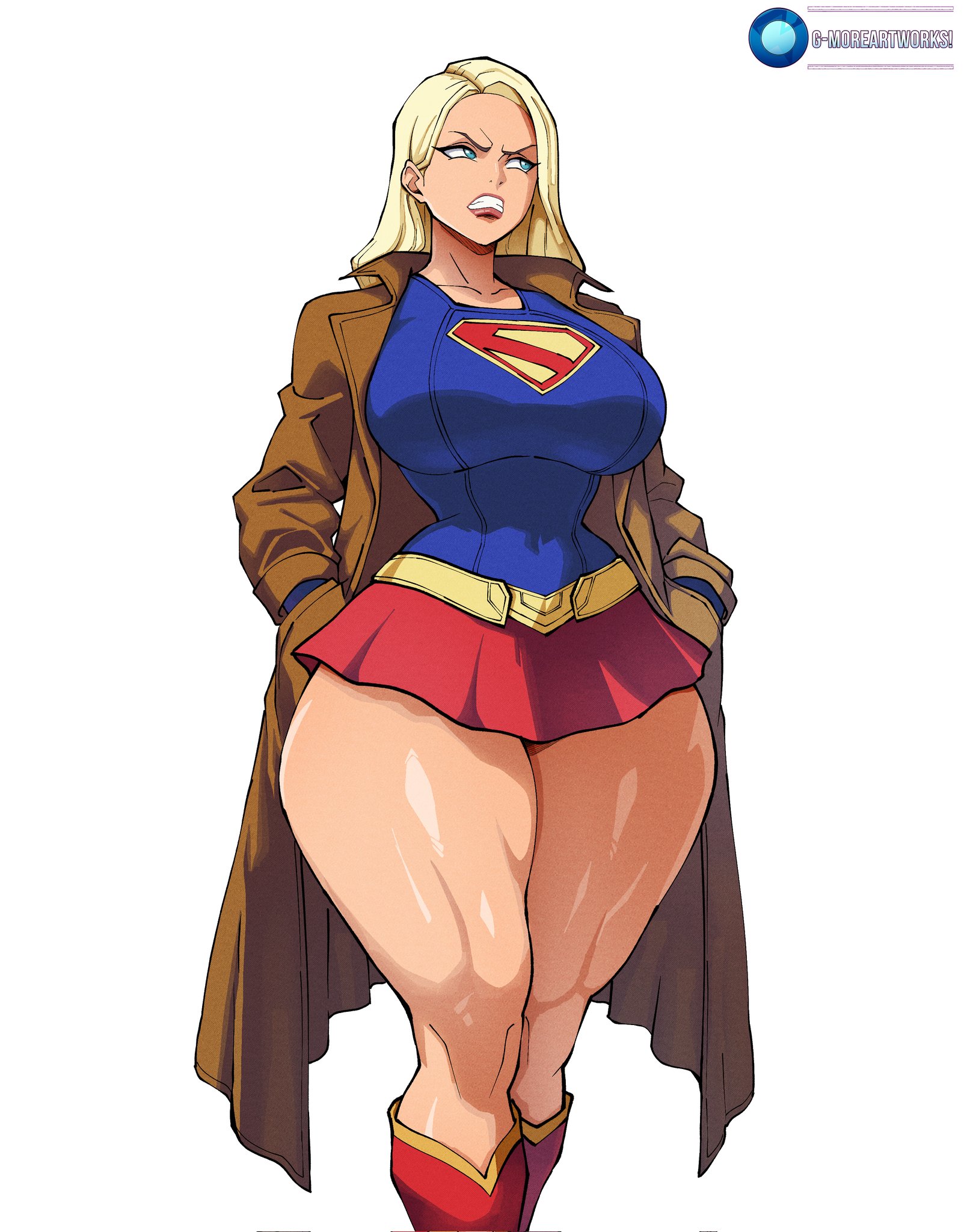1girls, ai generated, annoyed, annoyed expression, bare legs, big breasts, blonde female, blonde hair, blue eyes, breasts, coat, dc, dc comics, dcu, female, female kryptonian, female only, gmoreartworks, hourglass figure, huge breasts, kara zor-el, kryptonian, large breasts, light skin, light-skinned female, long hair, short skirt, skirt, supergirl, supergirl (dcu), superman (series), thick, thick thighs, thighs, trenchcoat, voluptuous, voluptuous female, waist, wide hips