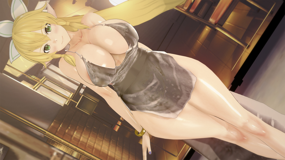 3d, alfheim online, alternate breast size, alternate costume, blonde hair, breasts, cocoron, dress, elf, female, green eyes, kirigaya suguha, koikatsu, leafa, sword art online, tagme