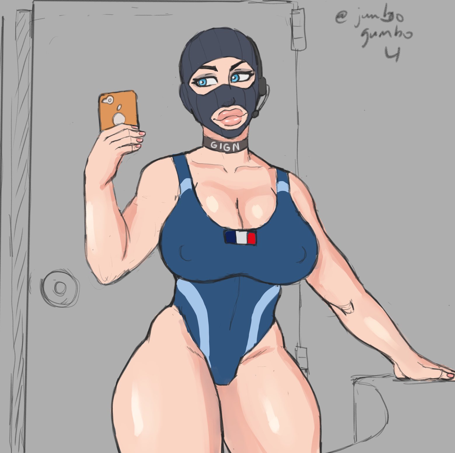 1girls, blue eyes, breasts, choker, female, female only, headwear, jumbogumbo, large breasts, large lips, nipples visible through clothing, phone, rainbow six, rainbow six siege, selfie, swimsuit, tagme, thick thighs, tom clancy, twitch (rainbow six)