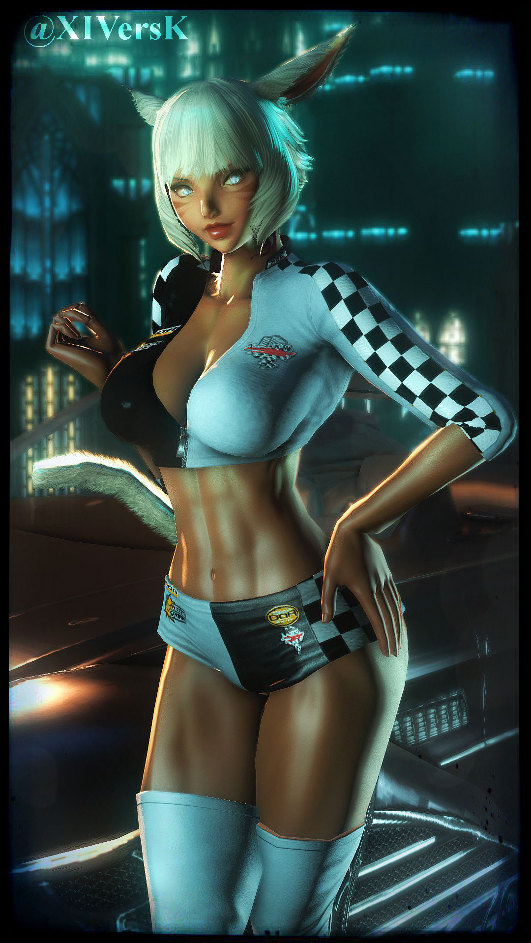 1girls, abs, big breasts, breasts, cat ears, cat eyes, clothed, dark skin, dark-skinned female, female, female only, final fantasy, final fantasy xiv, miqo'te, racing suit, revealing clothes, solo, solo female, white hair, xiversk, y'shtola