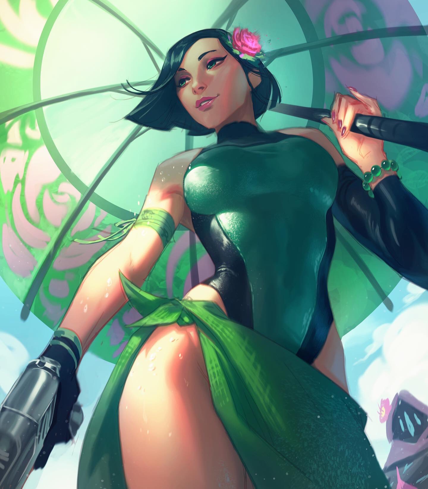 annienudesart anninosart bathing_suit bikini flower_in_hair jeremy_anninos looking_away riot_games thighs umbrella valorant viper_(valorant)