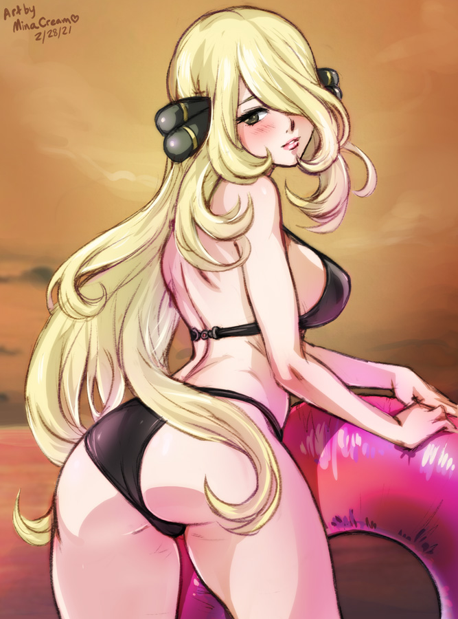 1girls, alternate costume, ass, bangs, beach, big ass, big breasts, bikini, black bikini, black swimsuit, blonde hair, blonde-haired female, blush, breasts, cleavage, cynthia (pokemon), female, female only, hair ornament, hair over one eye, large breasts, long hair, looking at viewer, minacream, navel, pokemon, pokemon (game), pokemon champion, pokemon dppt, simple background, smile, solo, swimsuit, very long hair