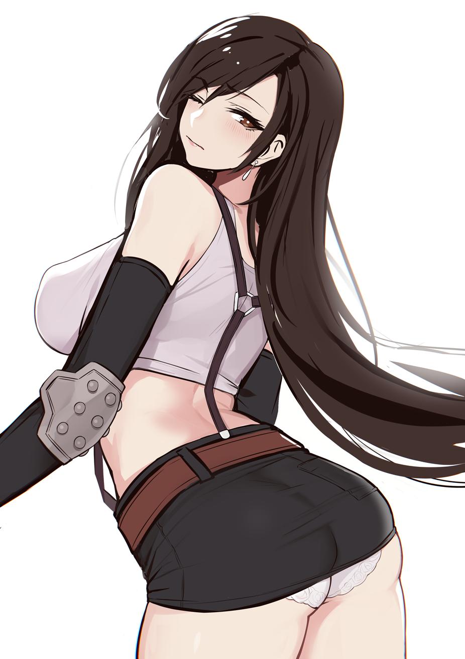 belt big_breasts breasts evan_yang female female_only final_fantasy final_fantasy_vii flowing_hair long_hair looking_back panties short_skirt solo suspenders tifa_lockhart white_shirt