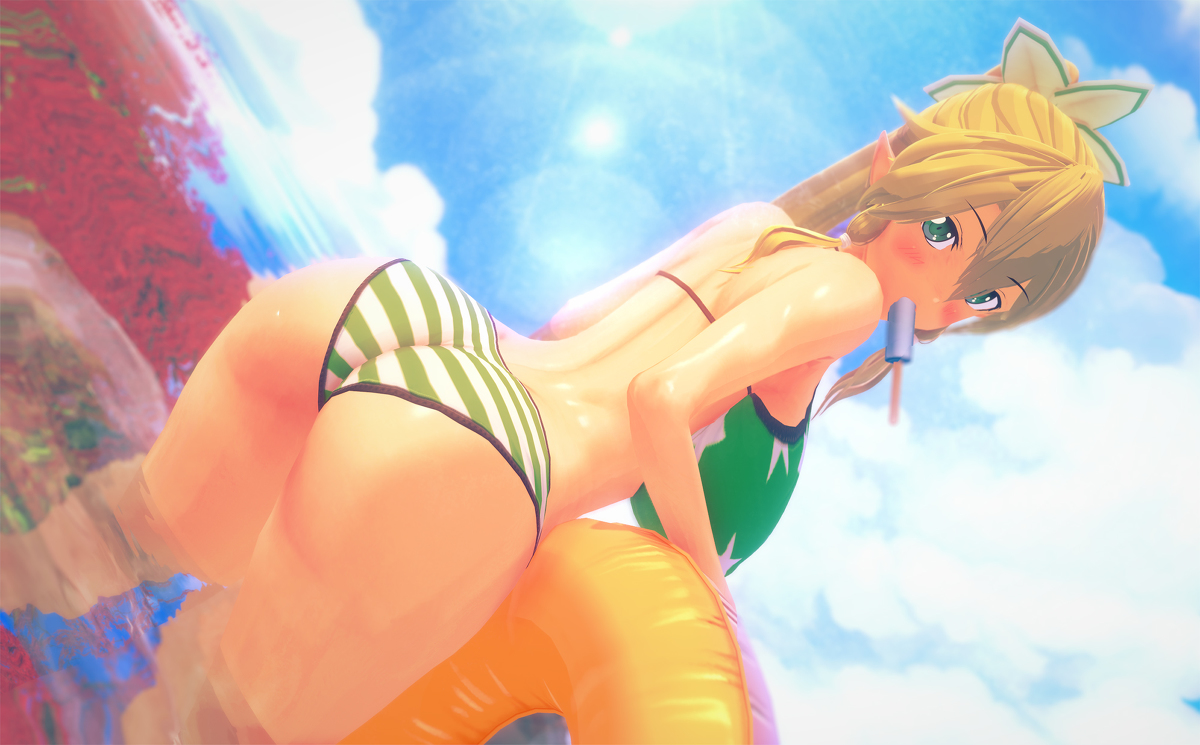 3d, alfheim online, alternate ass size, alternate breast size, ass, ass focus, blonde hair, breasts, cocoron, elf, female, green eyes, kirigaya suguha, koikatsu, leafa, shimapan, sword art online