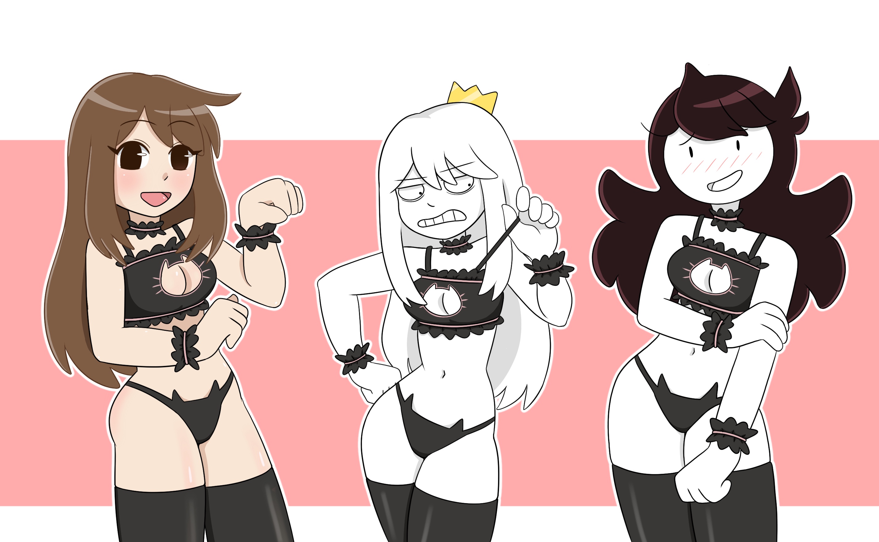 3girls, blush, bra, breasts, cat lingerie, clothed, clothing, curvy, curvy figure, embarrassed, emily sim, emirichu, female, female only, fit, fit female, hourglass figure, jaiden, jaiden animations, jaiden dittfach, latex thighhighs, looking at viewer, medium breasts, panties, tabbes, tagme, thick thighs, thighhighs, thrumbo, youtube, youtuber
