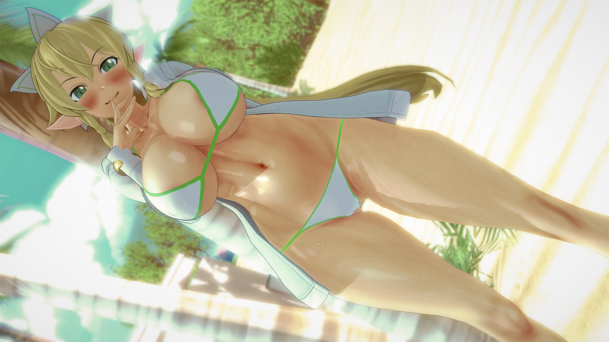 3d, alfheim online, alternate breast size, bikini, blonde hair, breasts, cocoron, elf, female, green eyes, kirigaya suguha, koikatsu, leafa, sword art online