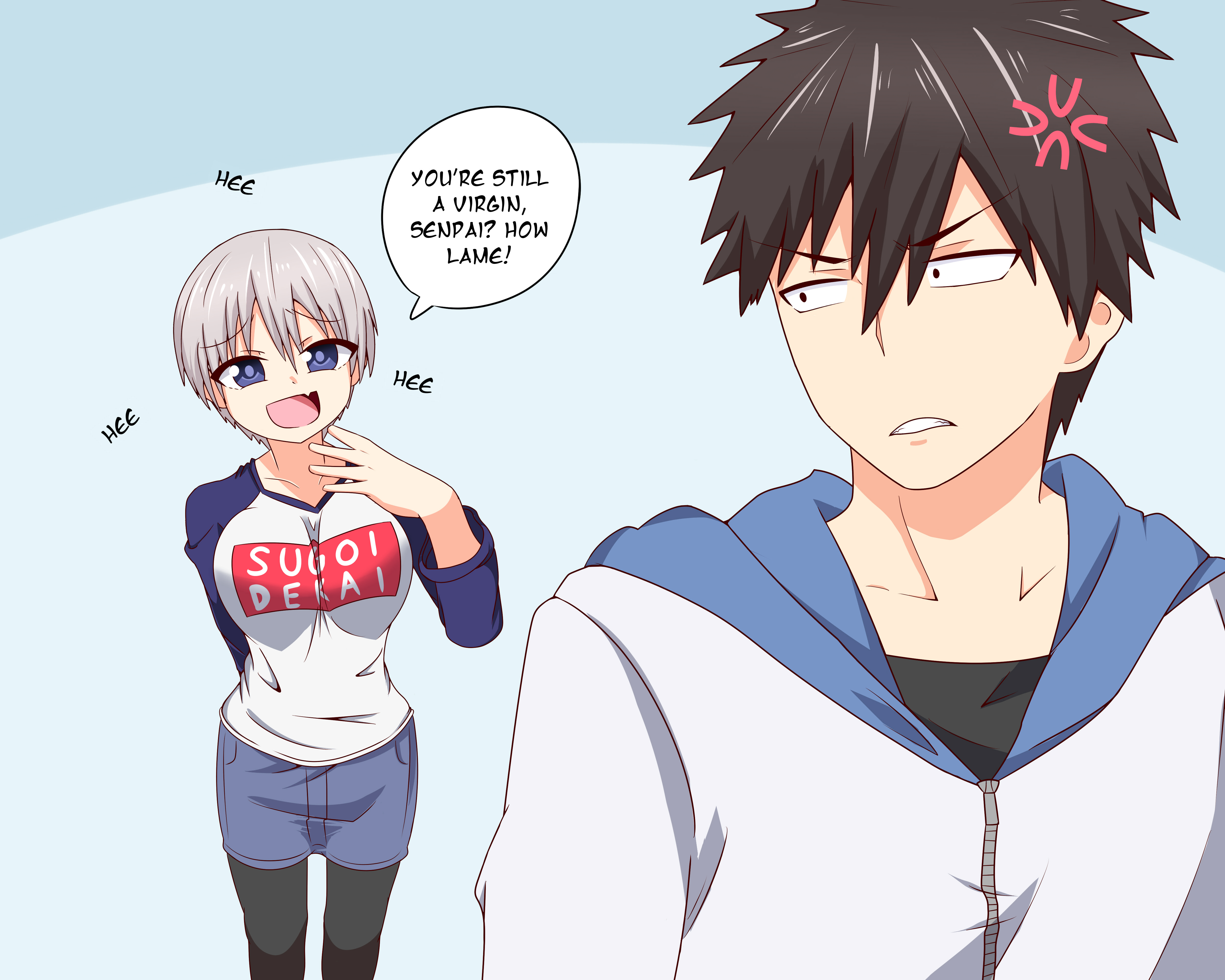 big breasts, breasts, brown hair, clothed female, english text, female, green hair, male, reiei, sakurai shinichi, short hair, straight, text, uzaki hana, uzaki-chan wa asobitai!