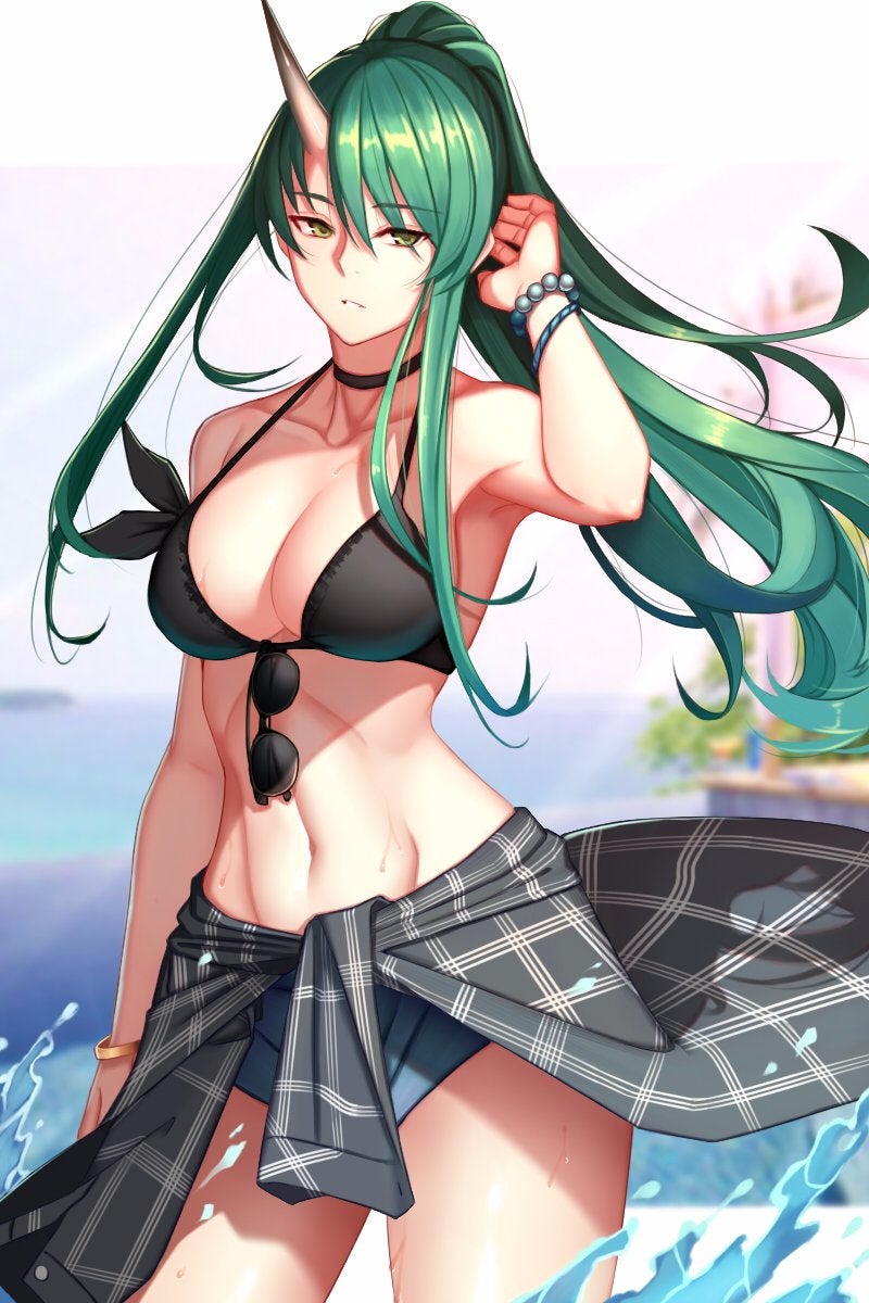 arknights, beach, big breasts, bikini, breasts, female, green hair, haka chiryuno, horn, hoshiguma (arknights), long hair, ponytail, shorts, simple background, swimsuit, yellow eyes