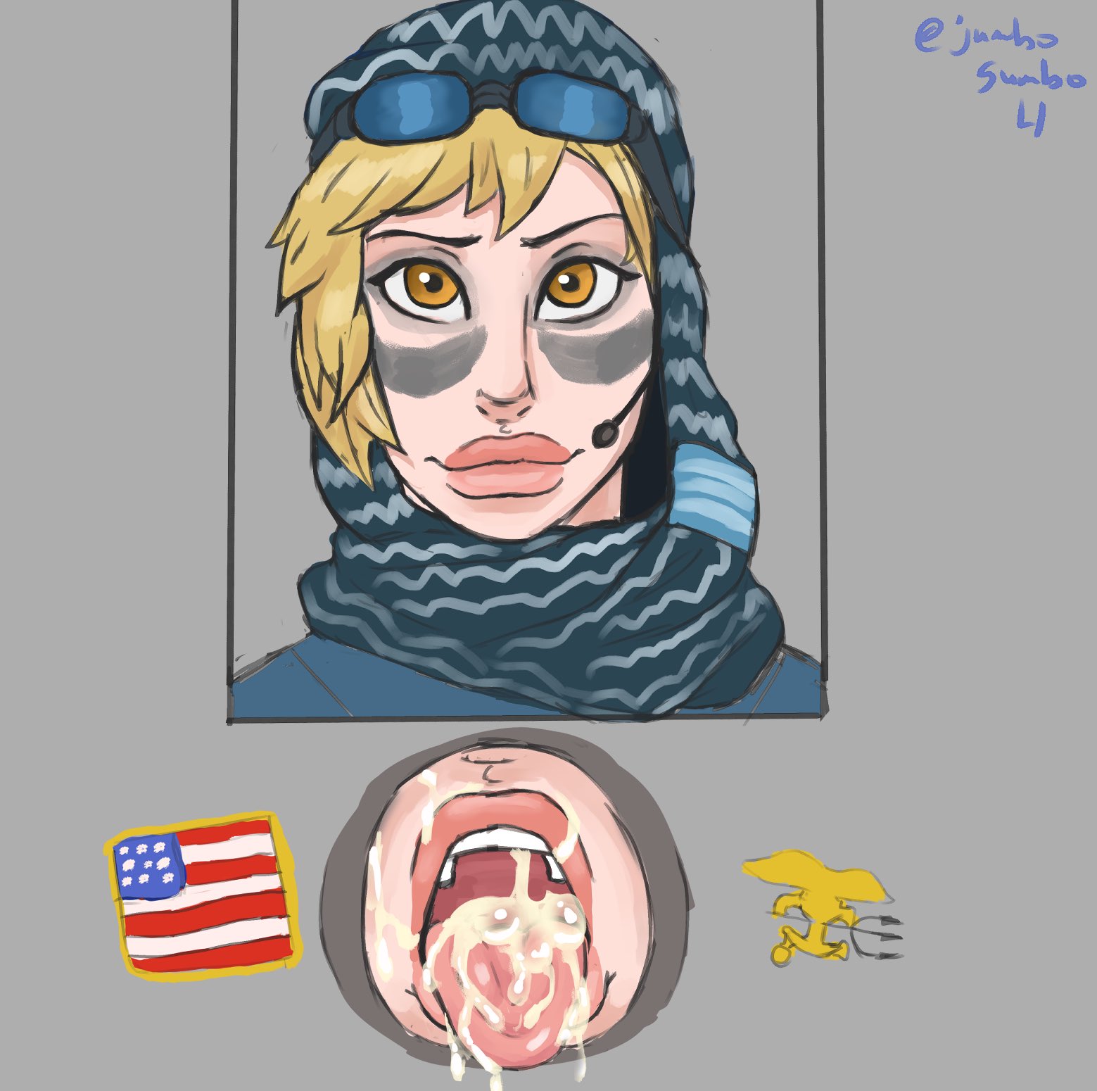 1girls, after deepthroat, american flag, blonde, blonde hair, cum in mouth, cum on face, cum on lips, cum on tongue, facepaint, female, female only, glory hole, headwear, jumbogumbo, large lips, military, open mouth, rainbow six, rainbow six siege, smile, solo, solo female, sunglasses, sunglasses on head, teeth showing, tom clancy, tongue, tongue out, valkyrie (rainbow six)