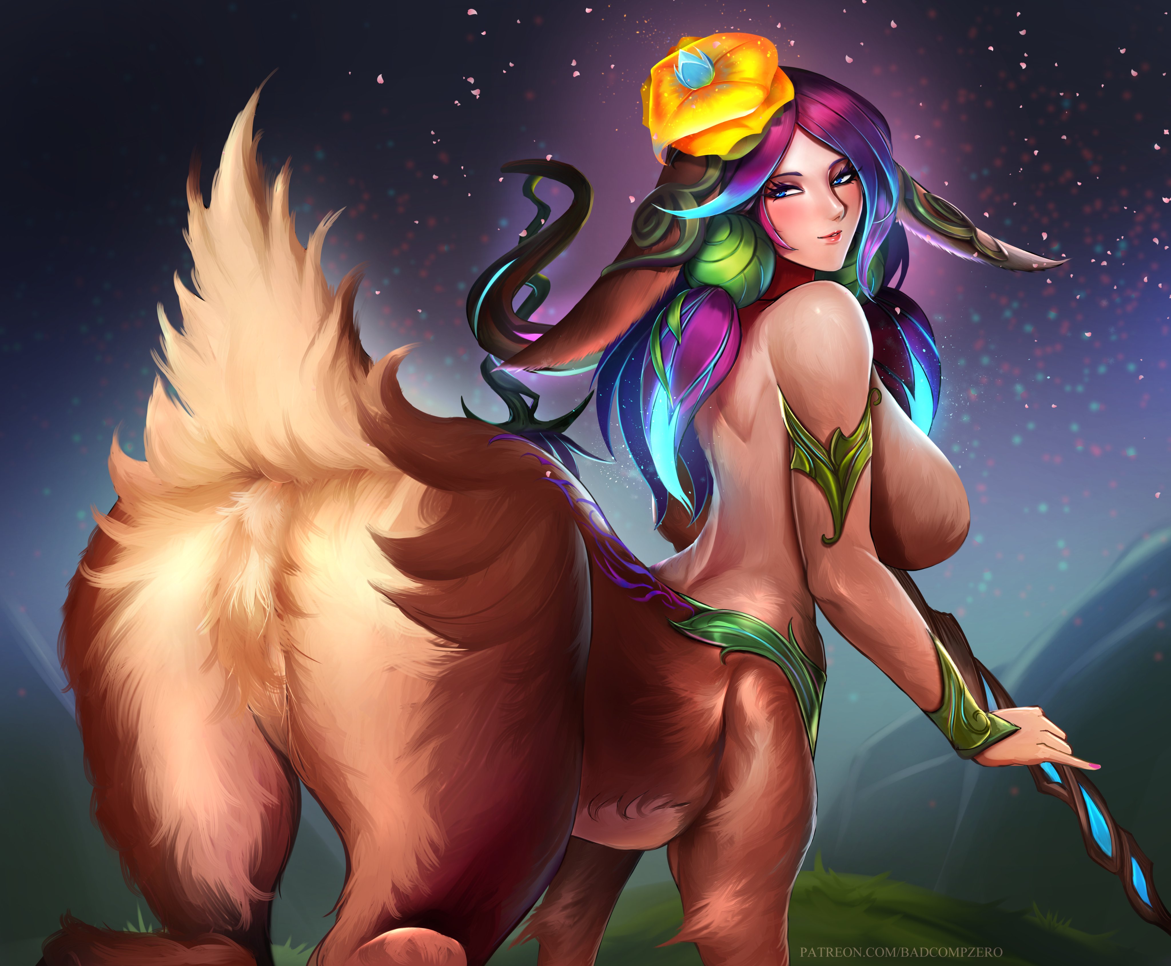 1girls, absurdres, ass, badcompzero, big ass, big breasts, breasts, centaur, deer taur, female, female only, highres, large breasts, league of legends, lillia (league of legends), looking at viewer, looking back, solo, taur