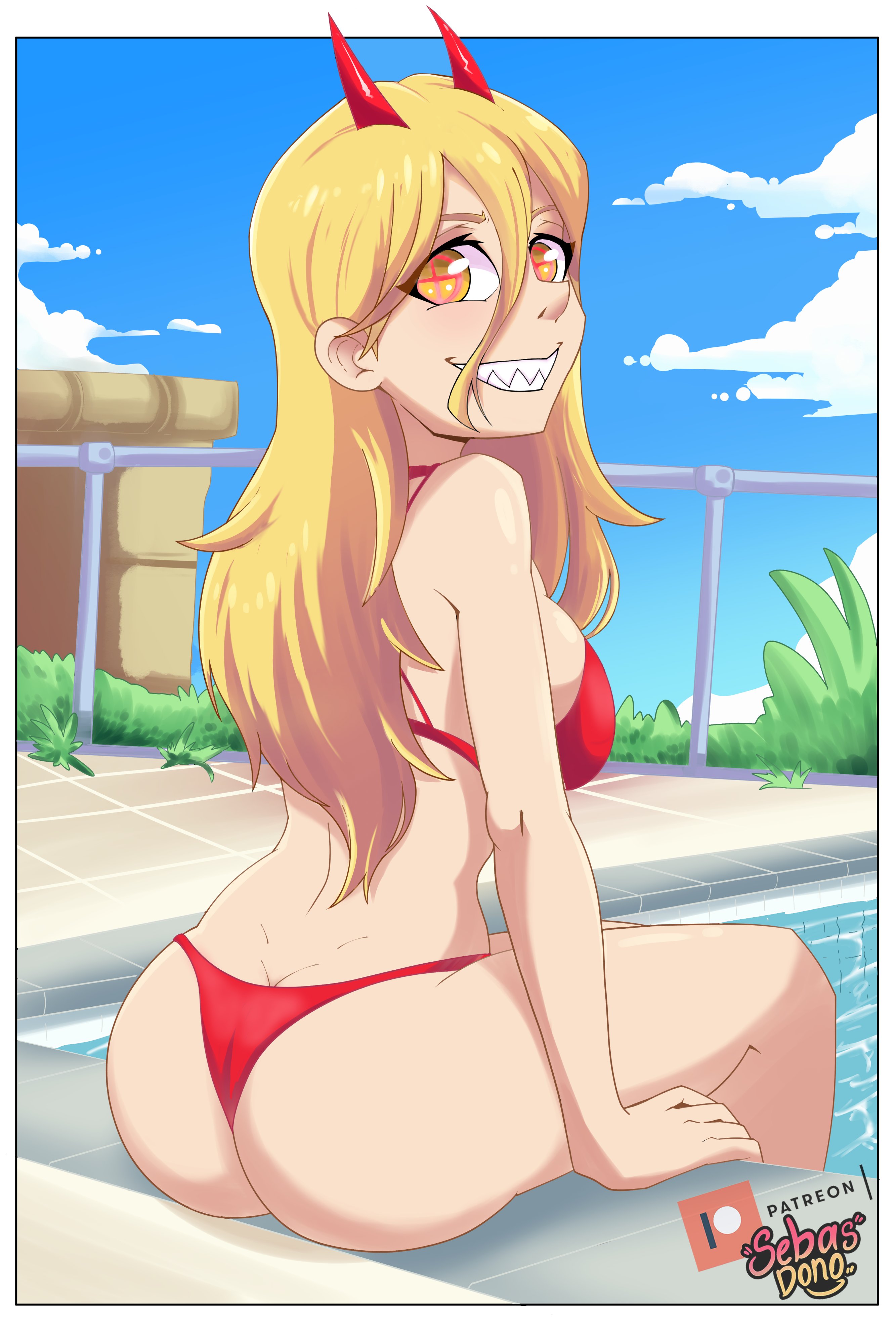 1girls, amber eyes, ass, big ass, bikini, blonde hair, breasts, chainsaw man, female, female focus, female only, horns, looking at viewer, medium breasts, pool, power (chainsaw man), red horns, sebasdono, sideboob, smile, swimsuit, teeth