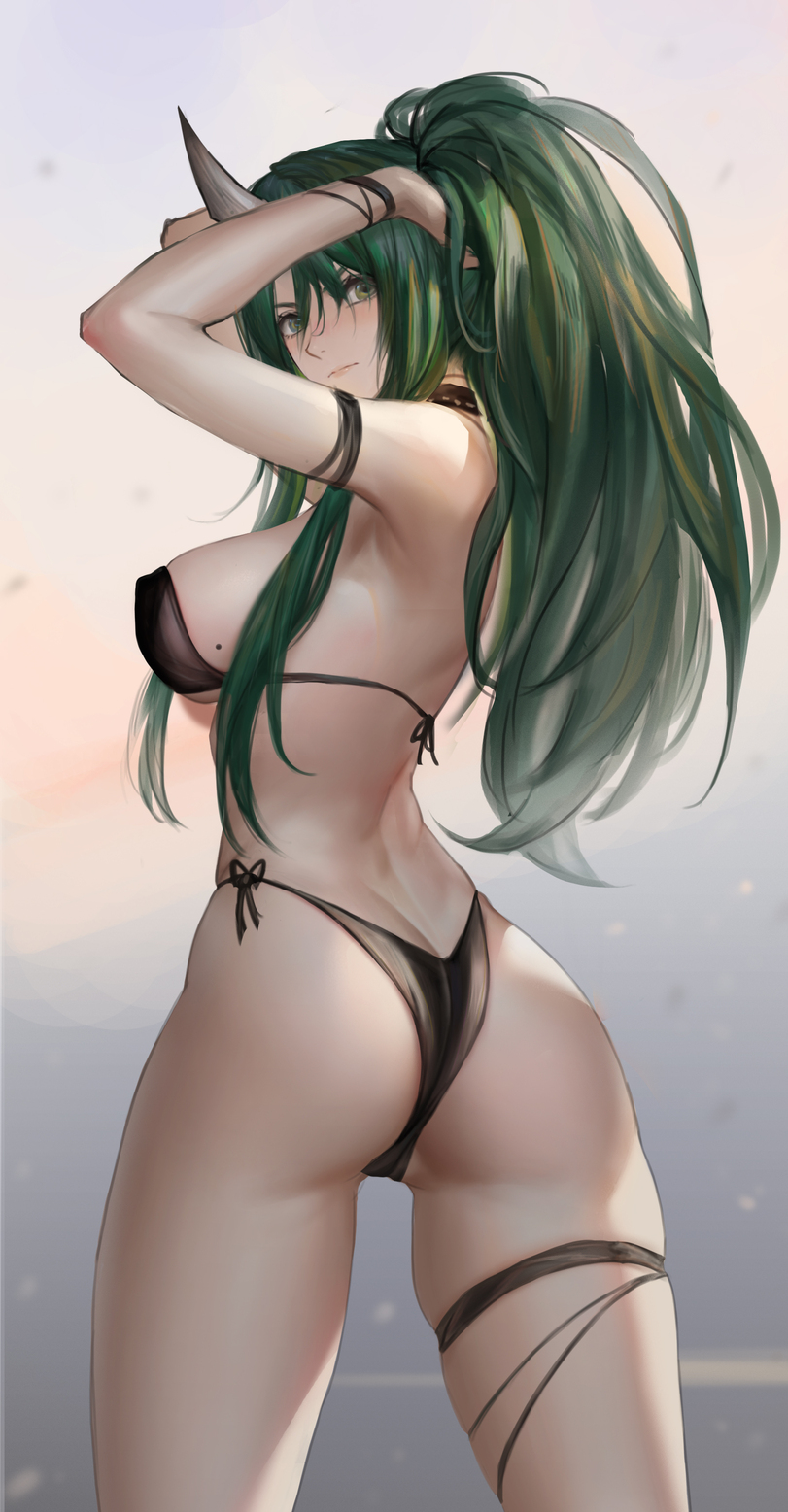 arknights big_ass big_breasts bikini green_eyes green_hair horn hoshiguma_(arknights) long_hair looking_back simple_background