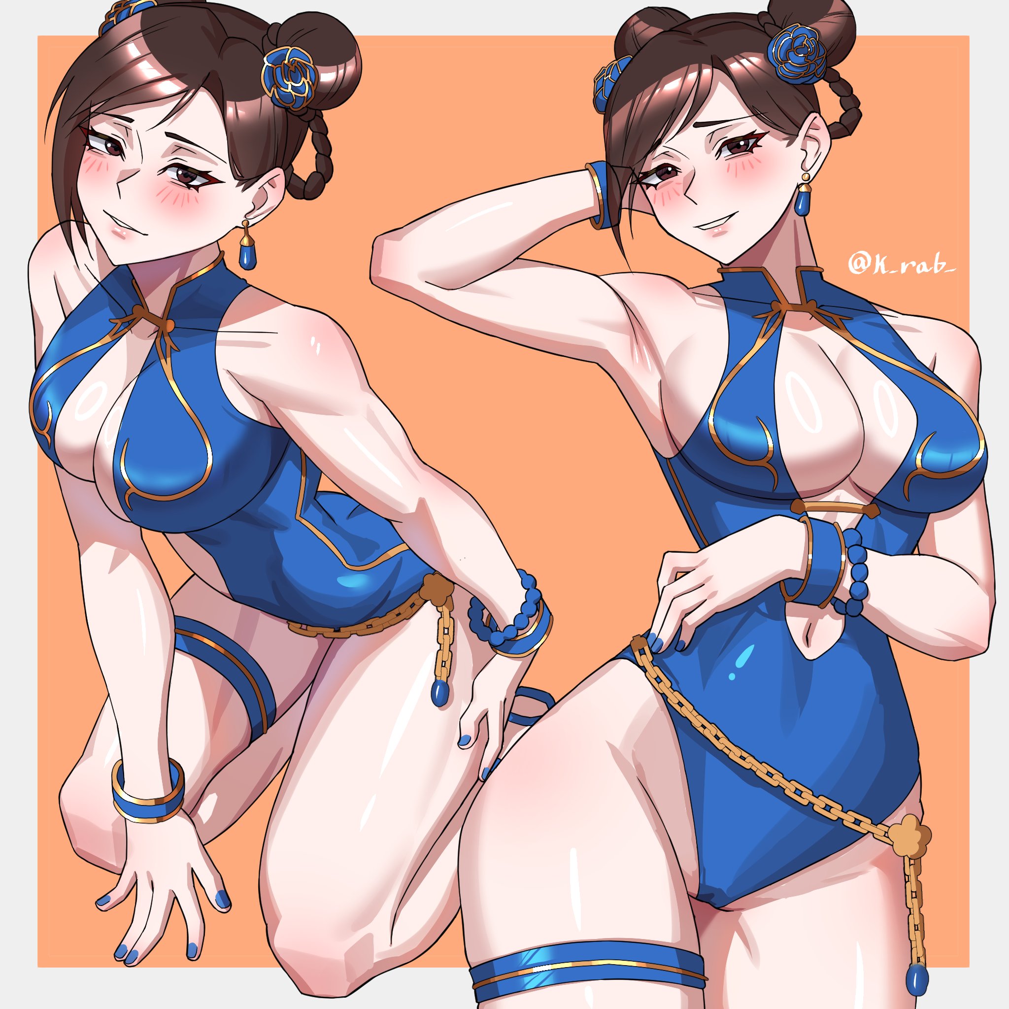 1girls, alternate costume, armpits, artist name, bead bracelet, beads, belt, blue leotard, blue nails, blush, border, bracelet, breasts, brown hair, capcom, center opening, chain belt, chun-li, commentary, curvy, double bun, earrings, english commentary, female, female only, flower, groin, hair bun, hair flower, hair ornament, hair rings, hand on own thigh, highleg, highleg leotard, highres, jewelry, kan (k rab), kneehighs, large breasts, leotard, multiple views, nail polish, navel, official alternate costume, orange background, outside border, parted lips, shiny skin, simple background, smile, socks, standing, street fighter, street fighter 6, thigh belt, thigh strap, thighs, white border, wide hips
