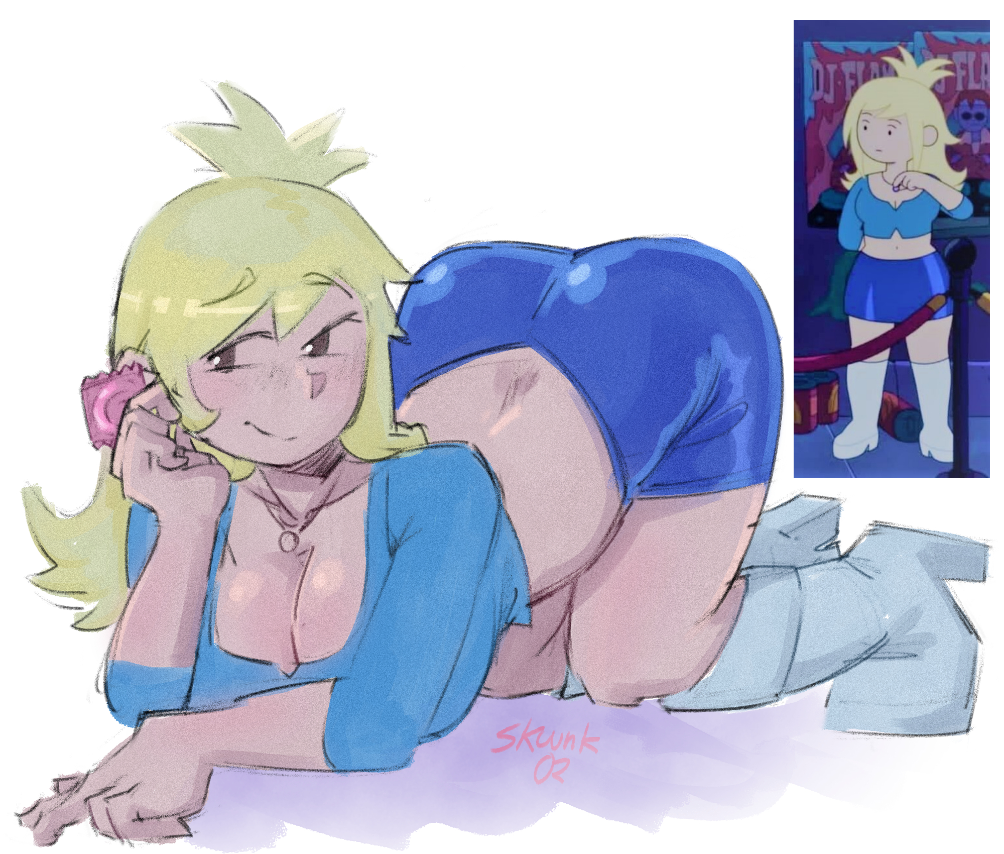adventure time, big breasts, blonde hair, blue skirt, blue topwear, breasts, cartoon network, condom, fanart, female, fionna and cake, fionna campbell, fionna the human girl, looking at viewer, skirt, skuunk02