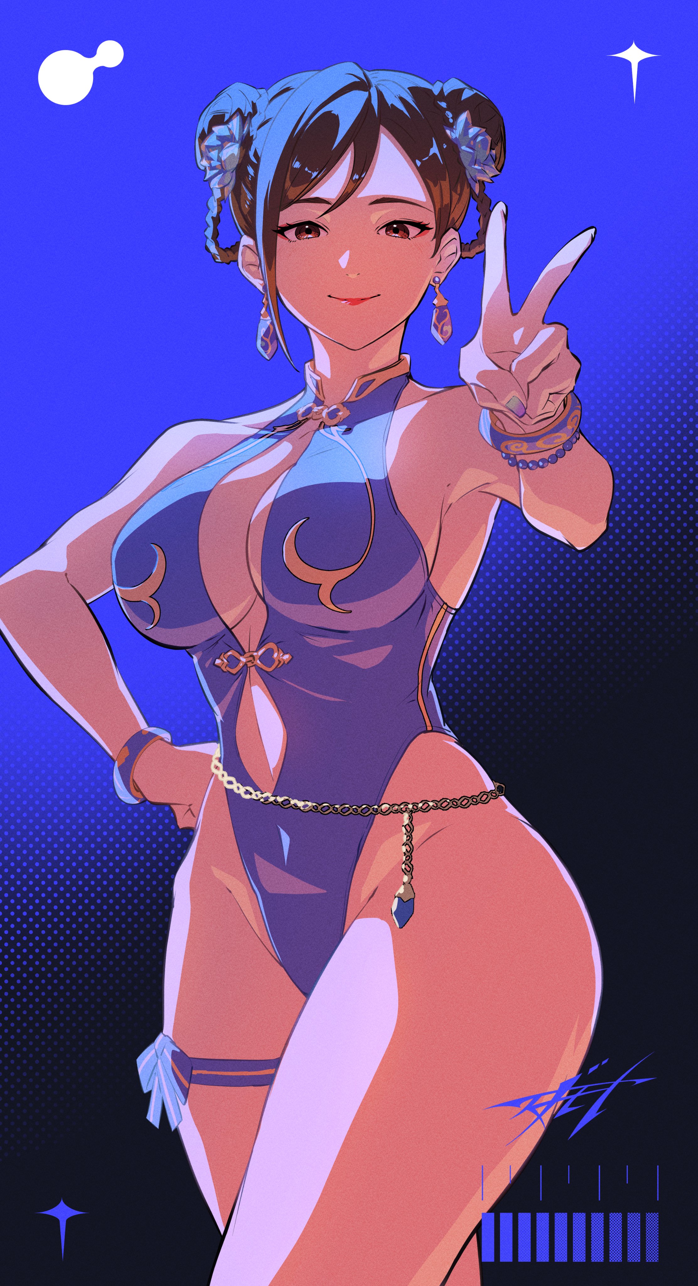 1girls, absurdres, bare shoulders, bead bracelet, beads, belly chain, blue flower, blue gemstone, blue nails, blue one-piece swimsuit, blue theme, bracelet, breasts, brown eyes, brown hair, chun-li, closed mouth, collarbone, crystal earrings, double bun, earrings, eyeshadow, female, female only, fingernails, flower, gem, hair bun, hair flower, hair ornament, hand on own hip, highres, jewelry, large breasts, looking at viewer, makeup, one-piece swimsuit, red eyeshadow, sgmt proxy, short hair, smile, solo, street fighter, street fighter 6, swimsuit, thick thighs, thigh strap, thighs, v
