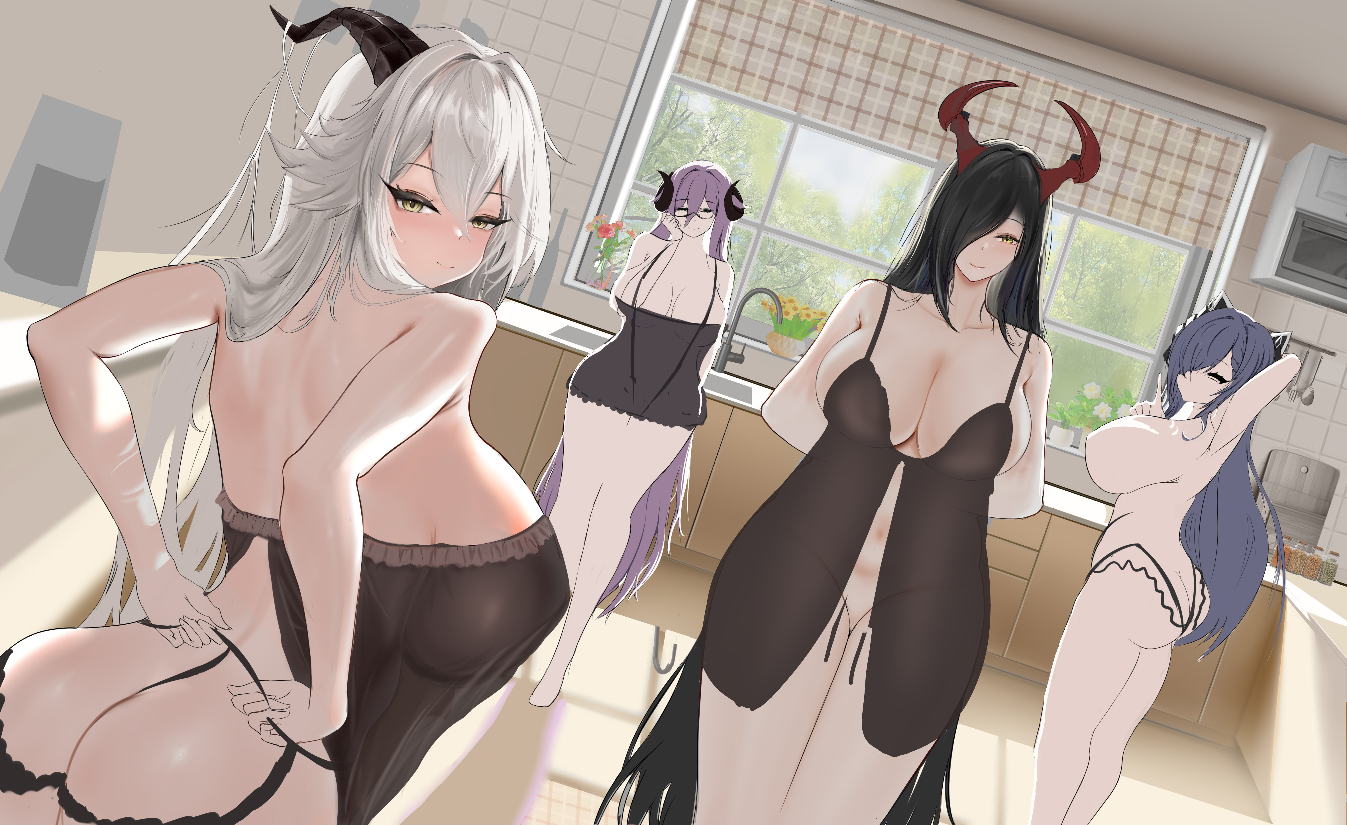 3girls, 4girls, aegir (azur lane), alternate costume, arms behind back, ass, august von parseval (azur lane), azur lane, babydoll, bare shoulders, black babydoll, black hair, black horns, black panties, blue eyes, blue hair, breasts, cg, cleavage, covering privates, curled horns, demon horns, dutch angle, female, friedrich carl (azur lane), friedrich der grosse (azur lane), from behind, hair over one eye, harem, horns, huge breasts, indoors, kitchen, large breasts, lingerie, long hair, looking at viewer, looking back, mature female, mechanical horns, multicolored hair, multiple females, multiple girls, navel, oven, panties, purple eyes, purple hair, red hair, see-through, sideboob, smile, streaked hair, string panties, thong, tiles, two-tone hair, underwear, underwear only, very long hair, white hair, window, yellow eyes