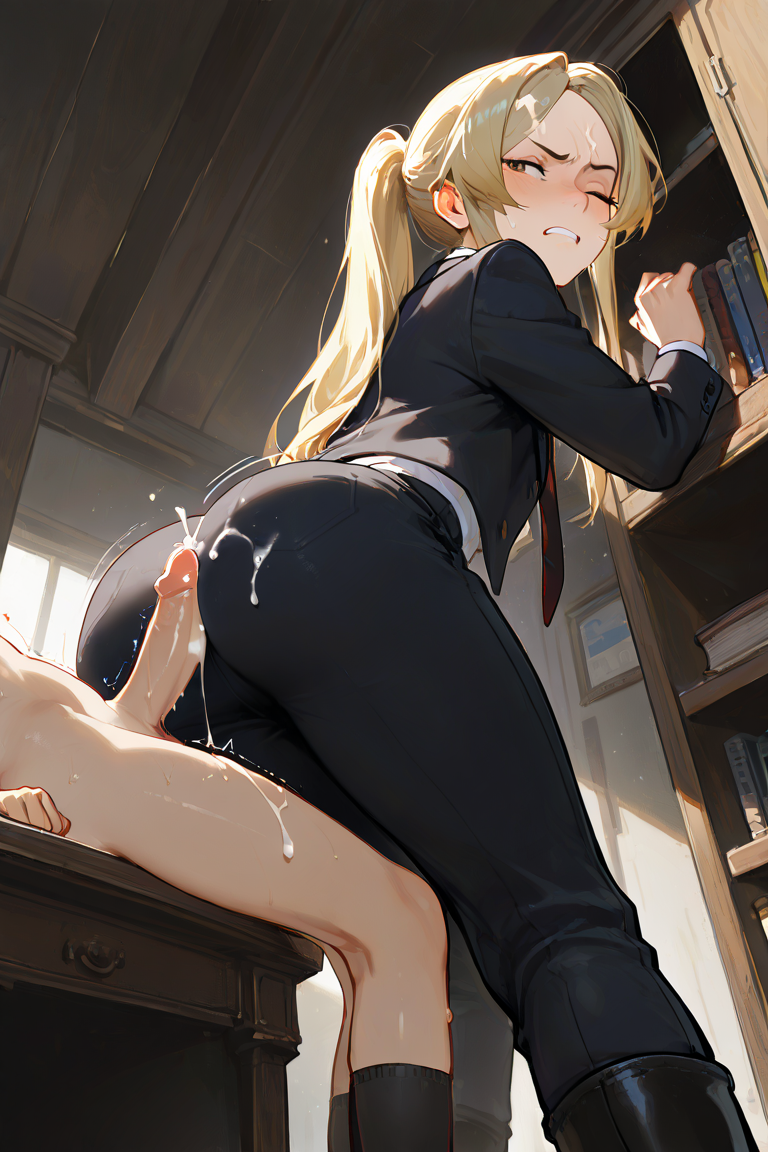 1boy, 1girls, ai generated, annoyed, annoyed expression, assjob, big ass, blonde hair, buttjob, buttjob over clothes, charlotte van halen, clothed female nude male, cum, cum on ass, cum on face, cum on self, ejaculation, erect penis, female, girl in suit, indie virtual youtuber, male, penis, virtual youtuber, yellow eyes