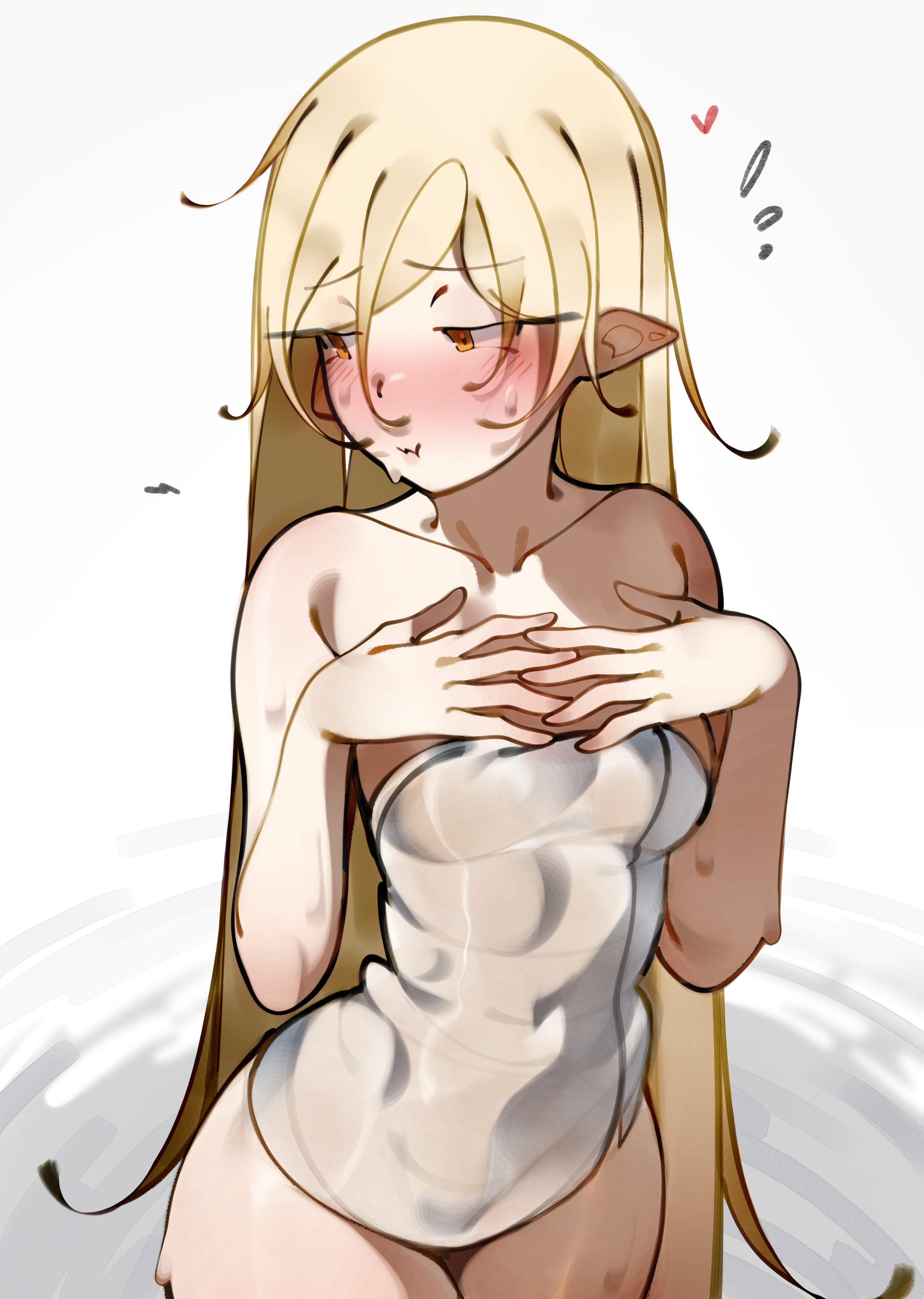 1girls, bare legs, bare shoulders, bathing, blonde hair, blush, blushing, breasts, deko morii, embarrassed, female, female only, flat chest, highres, hourglass figure, kiss-shot acerola-orion heart-under-blade, long hair, monogatari (series), orange eyes, oshino shinobu, pointy ears, small breasts, solo, solo female, towel, towel around waist, towel only, very long hair, water, white background, wide hips, yellow eyes