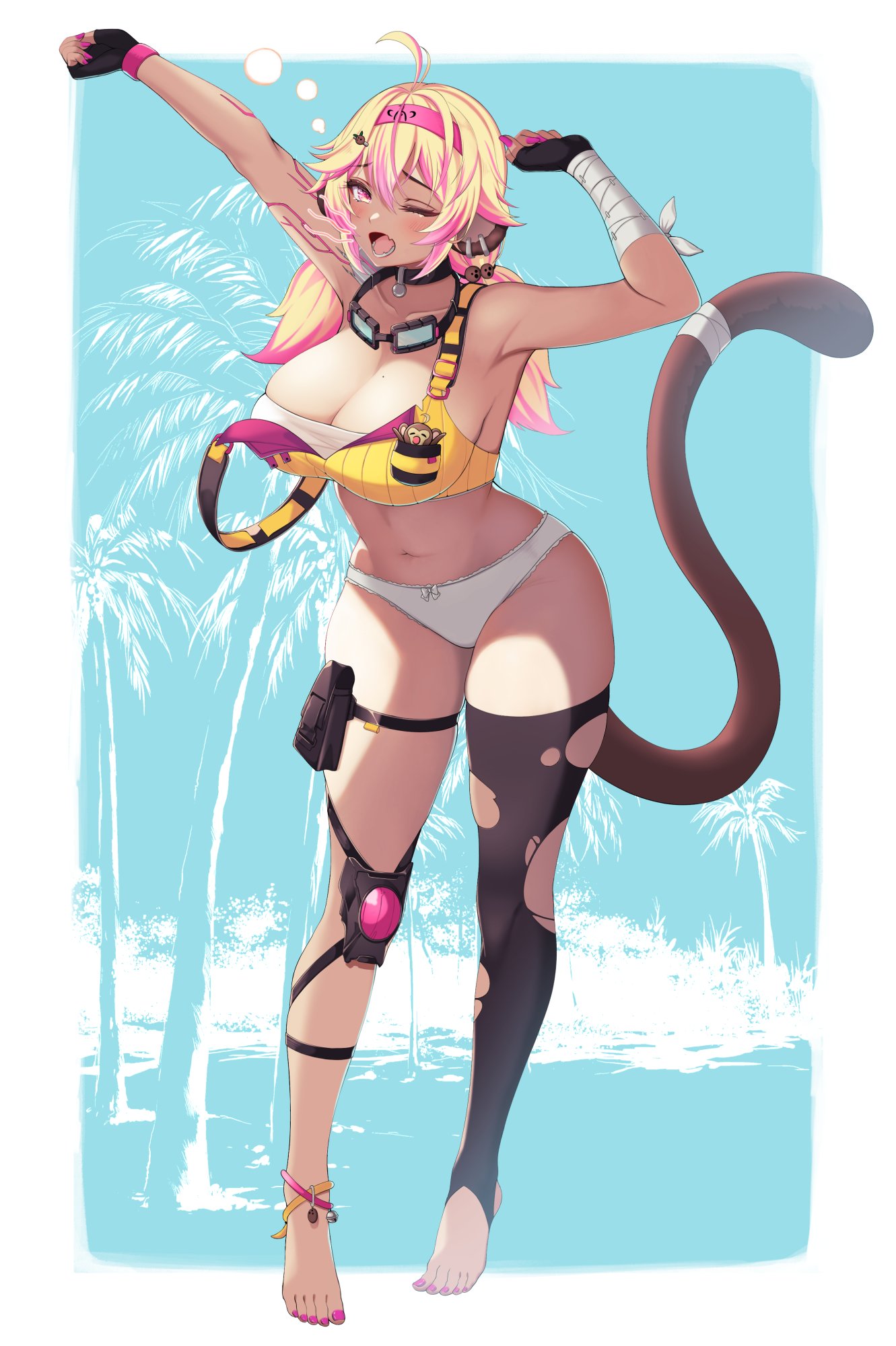 1girls, animal ears, armpits, big breasts, blonde hair, breasts, dark skin, dark-skinned female, feet, female, fingerless gloves, goggles, hips, indie virtual youtuber, kokonuts, large breasts, midriff, mole on breast, monkey girl, palm tree, panties, pink hair, suspenders slip, tail, thighhighs, toes, twintails, uzyou1129, virtual youtuber, vtuber, yawn