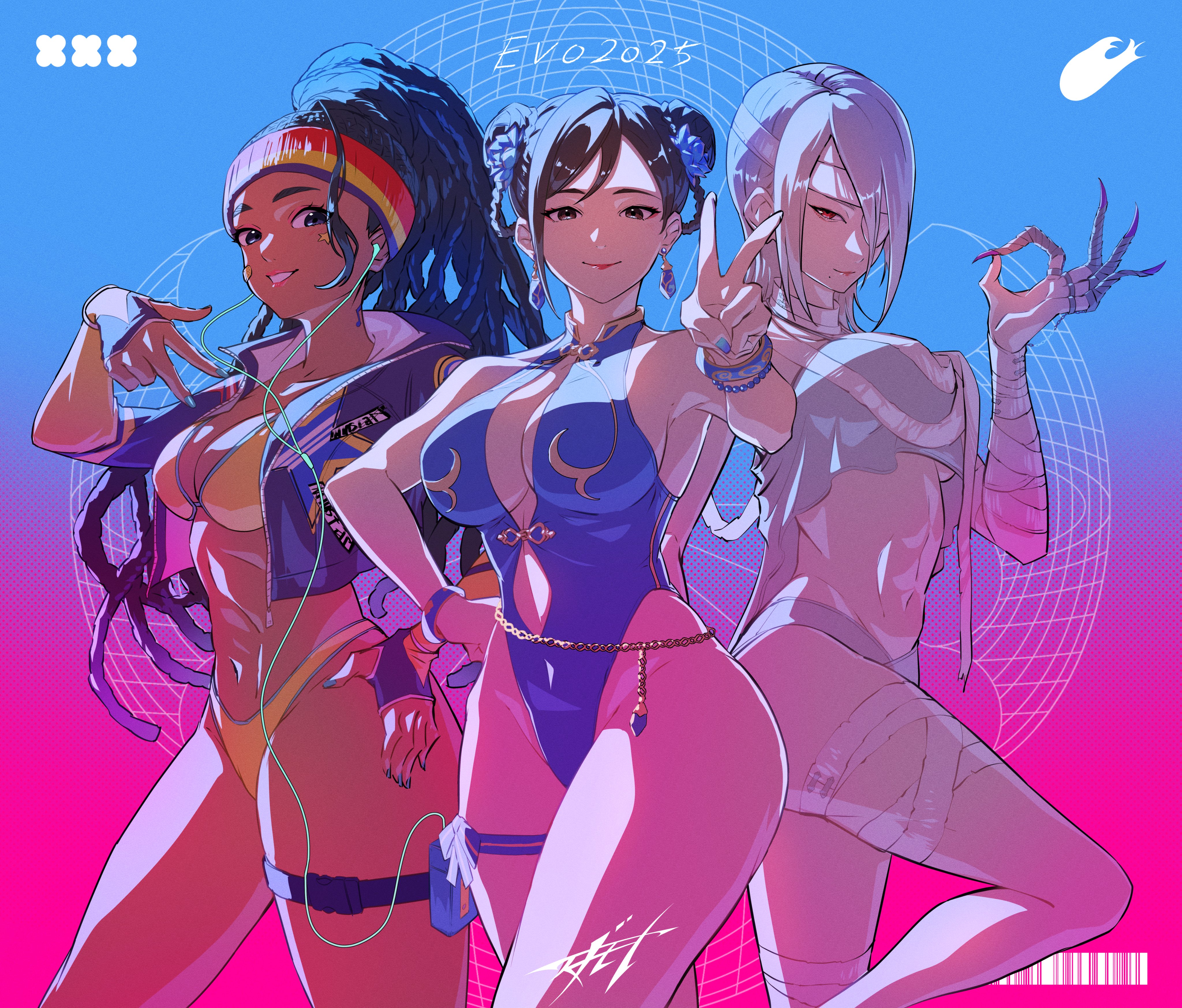 2025, 3girls, a.k.i., absurdres, albino, alternate breast size, aqua hair, aqua nails, bandage on thigh, bandaged arm, bandages, bandaid, bandaid on cheek, bandaid on face, barcode, bare shoulders, bead bracelet, beads, belly chain, bikini, blue flower, blue gemstone, blue nails, blue one-piece swimsuit, bracelet, breasts, chun-li, claw (weapon), claw ring, cleavage, closed mouth, collarbone, cropped jacket, crystal earrings, dark skin, dark-skinned female, dreadlocks, earbuds, earphones, earrings, evolution championship series, eyeshadow, facial mark, female, female only, fingernails, flower, gem, gradient hair, hair flower, hair ornament, headband, highleg, highleg one-piece swimsuit, highres, jewelry, kimberly jackson, large breasts, light smile, looking at viewer, makeup, mole, mole under mouth, multicolored hair, multicolored headband, multiple females, multiple girls, navel, official alternate costume, official alternate hairstyle, one-piece swimsuit, pale skin, parted lips, pink eyeshadow, red eyes, red eyeshadow, red lips, sgmt proxy, signature, smile, star (symbol), star facial mark, star print, street fighter, street fighter 6, swimsuit, thigh strap, v, w, walkman, weapon, yellow bikini, zipper, zipper pull tab