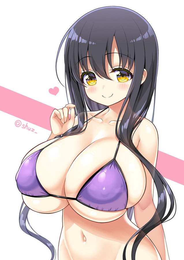 1girls, belly, belly button, big breasts, black hair, breasts, cute, dark hair, female, heart, huge breasts, iwato kasumi, long hair, nipples, nipples visible through clothing, saki, shuz (dodidu), smile, smiling, solo, swimsuit, thin waist, yellow eyes