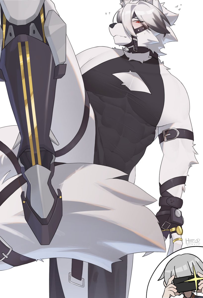 2025, 2boys, abs, anthro, biped, black nose, blush, canid, canine, canis, clothed, clothing, duo, fingers, fur, gloves, hair, handwear, hi res, homuro, human, leotard, looking at viewer, male, male only, mammal, mihoyo, mouth closed, red eyes, simple background, solo, solo male, tail, taking picture, thiren, von lycaon, white background, white body, white fur, white hair, white tail, wise (zenless zone zero), wolf, zenless zone zero
