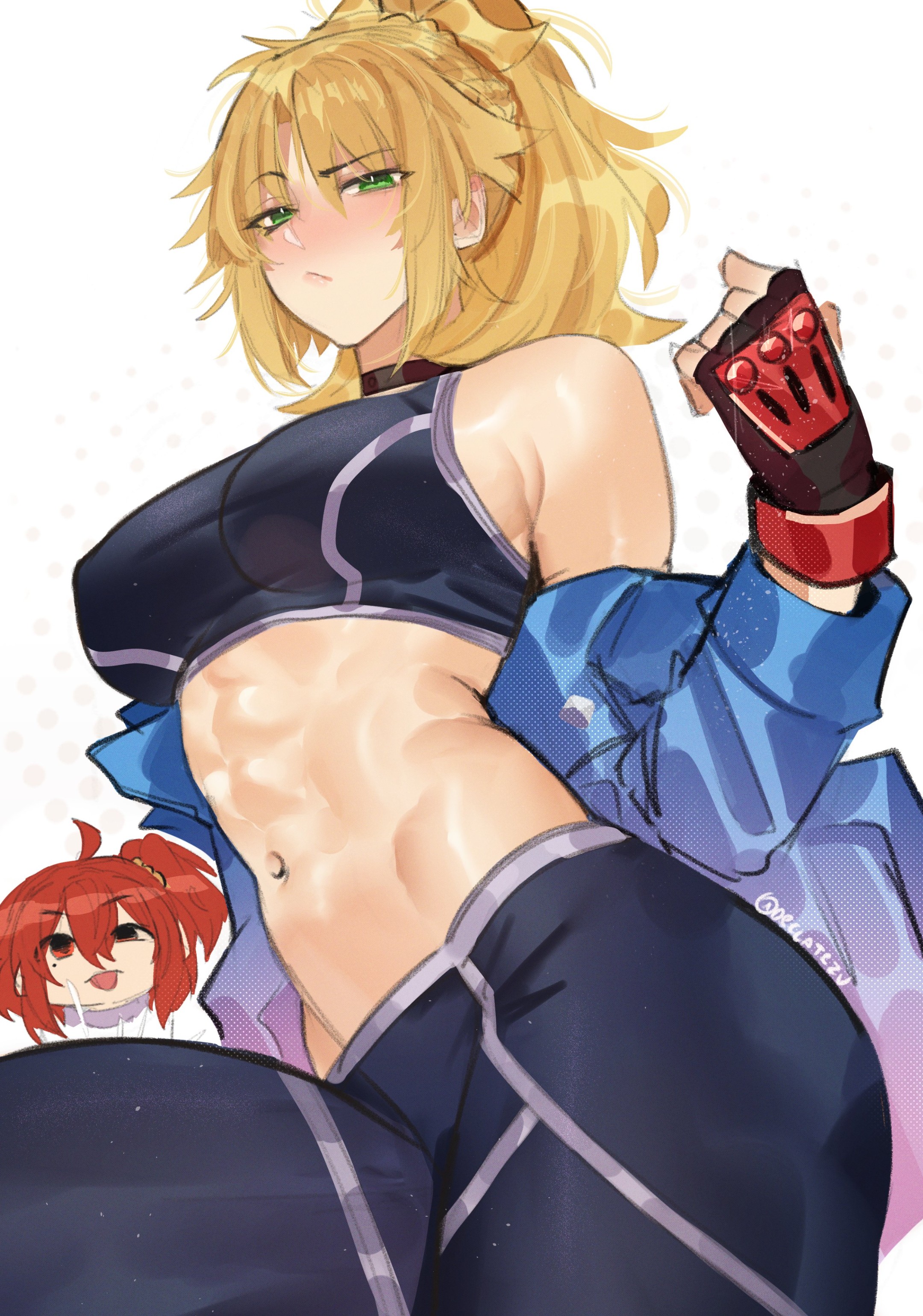 2girls, abs, ass, athletic, athletic female, blonde female, blonde hair, blue jacket, blush, breasts, cammy white (cosplay), clothed, clothes, clothing, cosplay, deccatezu, fate (series), fate/grand order, female, female only, fujimaru ritsuka (female), gloves, green eyes, gudako, jacket, mordred (fate), multiple females, multiple girls, muscular, muscular female, red hair, redhead female, street fighter, street fighter 6, tied hair, tight clothing