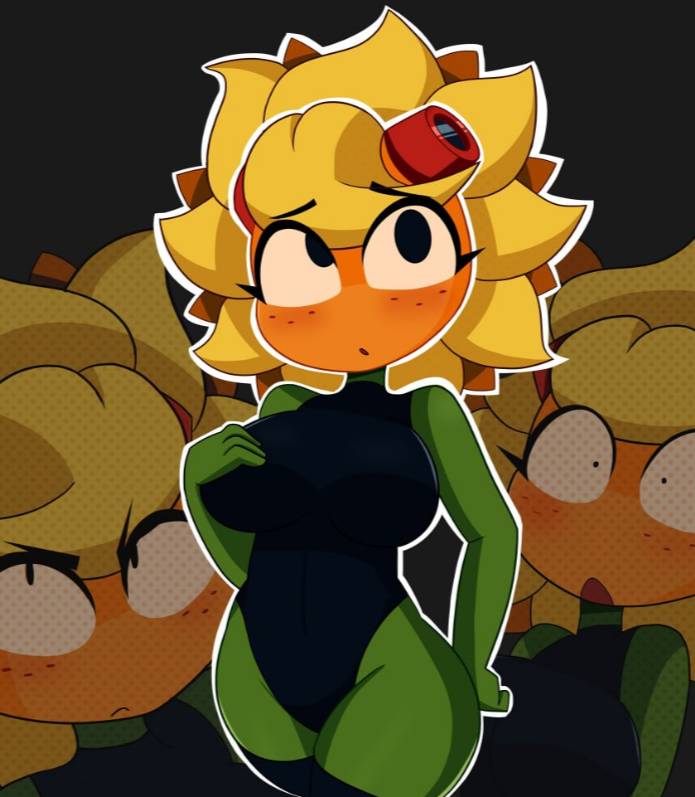 1girls, 1plant, big breasts, breast grab, breasts, embarrassed, female, grey body, imminent penetration, imminent sex, imminent vaginal, open mouth, plant, plant girl, plant humanoid, plants vs zombies, plants vs. zombies, popcap games, pvz, rbismut, smile, smiling, solar flare (pvz), sunflower, sunflower (pvz), surprised, surprised expression