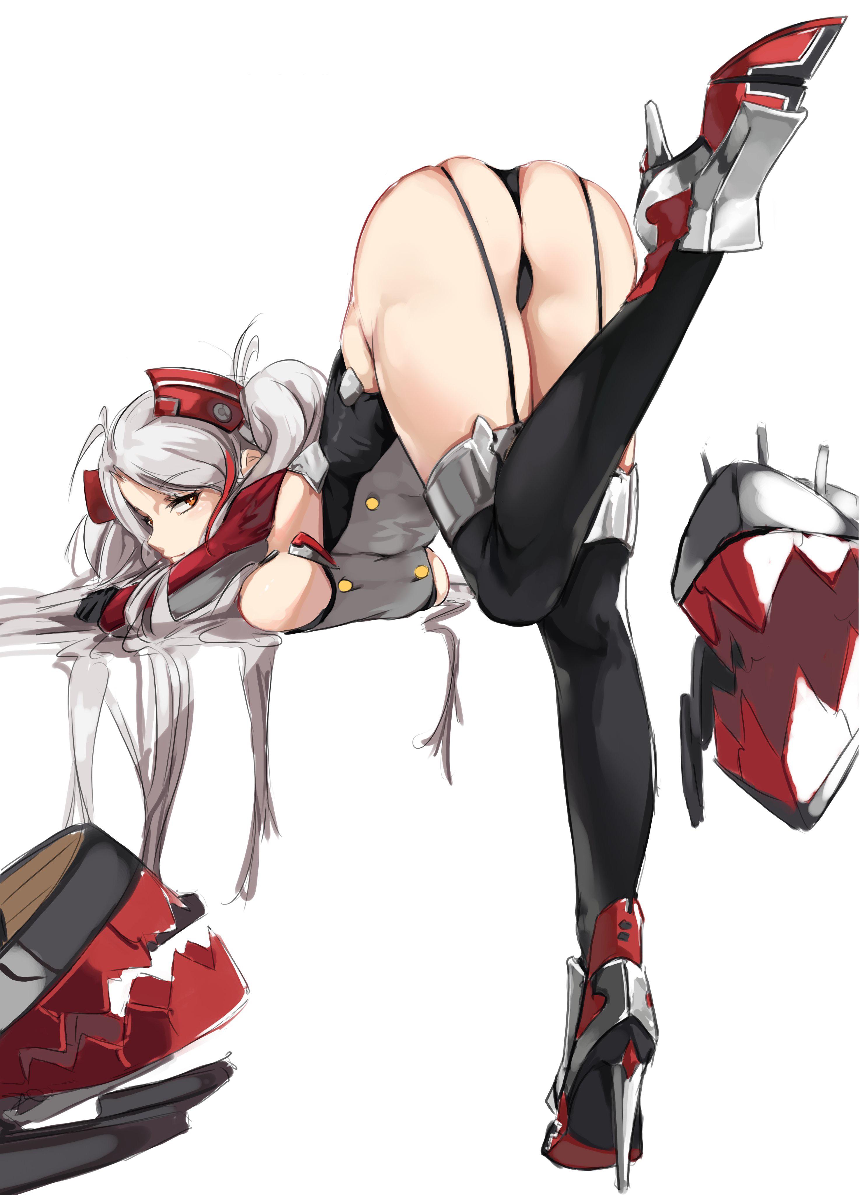 ass, azur lane, bent over, black gloves, black panties, black thighhighs, breast press, breasts, buttons, cg, female, full body, garter straps, gloves, grey hair, headgear, high heels, large breasts, leg up, long hair, looking at viewer, multicolored hair, panties, prinz eugen (azur lane), red hair, sideboob, simple background, solo, streaked hair, thighhighs, thighs, top-down bottom-up, two side up, underwear, very long hair, white background, white hair