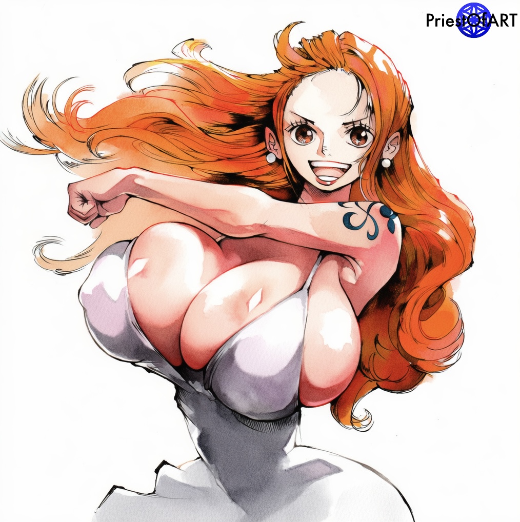 1girls, ai generated, arm tattoo, blue tattoo, breasts, brown eyes, busty, dress, earrings, female, female only, huge breasts, nami (one piece), narrow waist, one piece, orange hair, orange-haired female, priestofart, shiny, simple background, smile, solo, solo female, tattoo, tattooed arm, watercolor, watercolor (artwork), watermark, white background, white dress, wide hips