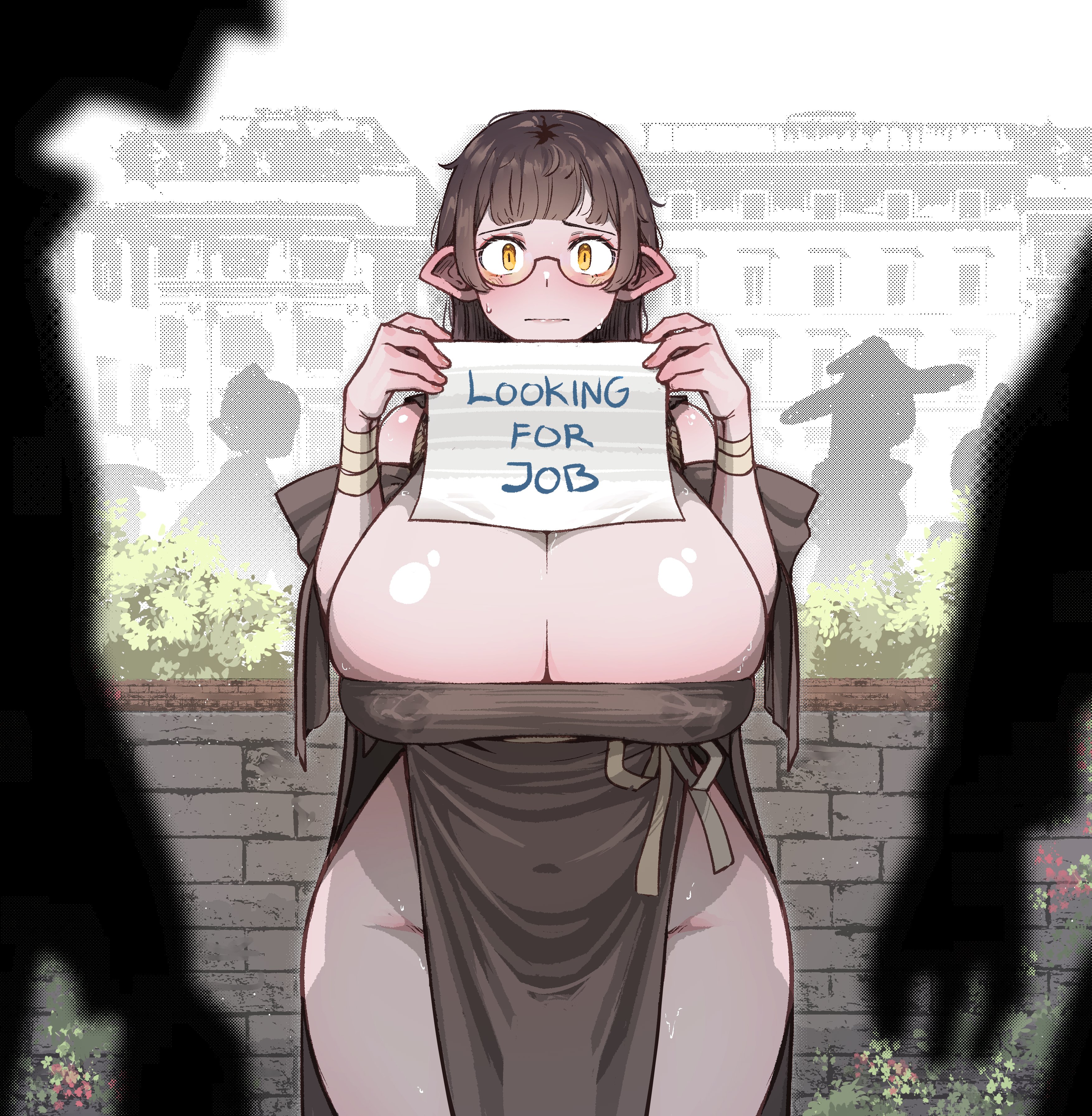 2d, breasts, brown hair, cleavage, dress, elf, elf female, fantasy, female, flustered, glasses, holding object, huge breasts, ignored, ignoring, mistimagi, mistimagi (character), paper, tagme, walking away