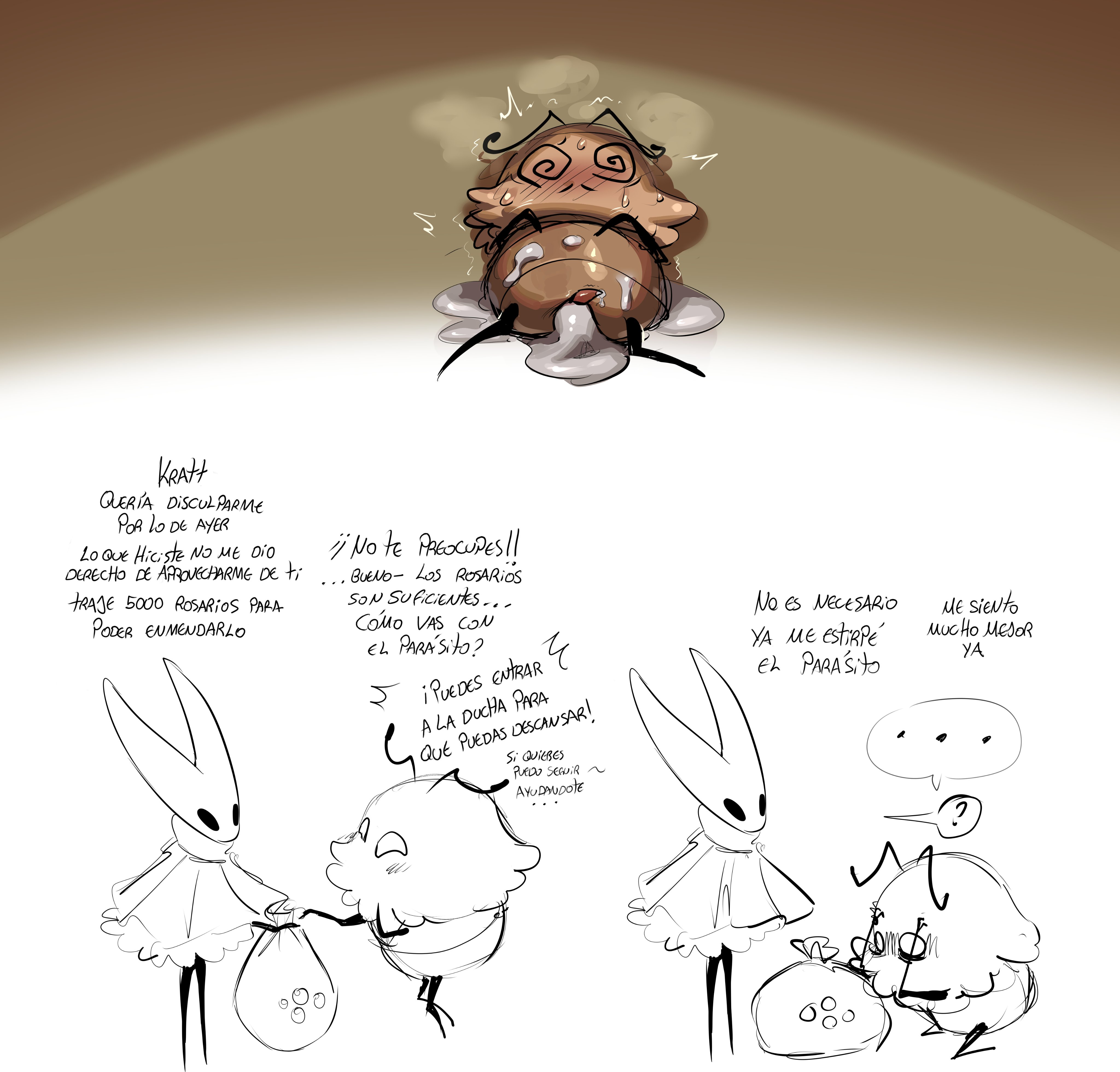 1boy, 1boy1girl, 1girls, after sex, apologetic rape, apologizing, apology, bug, bug girl, bugs, comic page, cum, cum leaking, cum leaking out, exausted, female, femdom, flanco, flea (hollow knight), giving money, hollow knight, hollow knight: silksong, hornet (hollow knight), kratt (hollow knight), male, spanish, spanish dialogue, spanish text, translation request, wanting fucked, wanting more, wanting sex