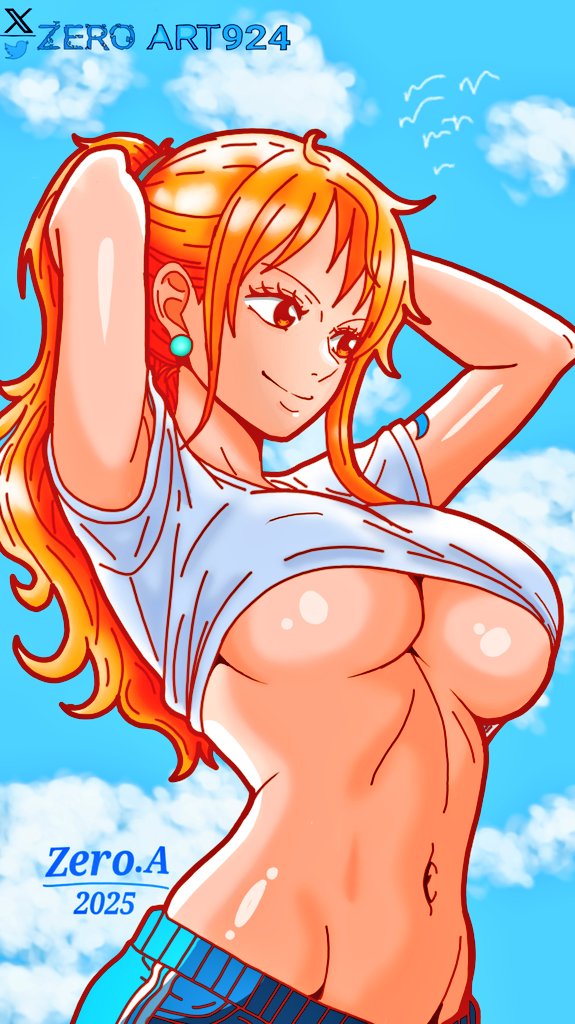 1girls, arm tattoo, athletic female, background, background sky, blue sky, blue tattoo, breasts, clothing, female, female only, nami (one piece), one piece, orange hair, orange-haired female, sensual, sky, solo, solo female, solo focus, tagme, tattoo, thick boobies, underboob, zeroart924